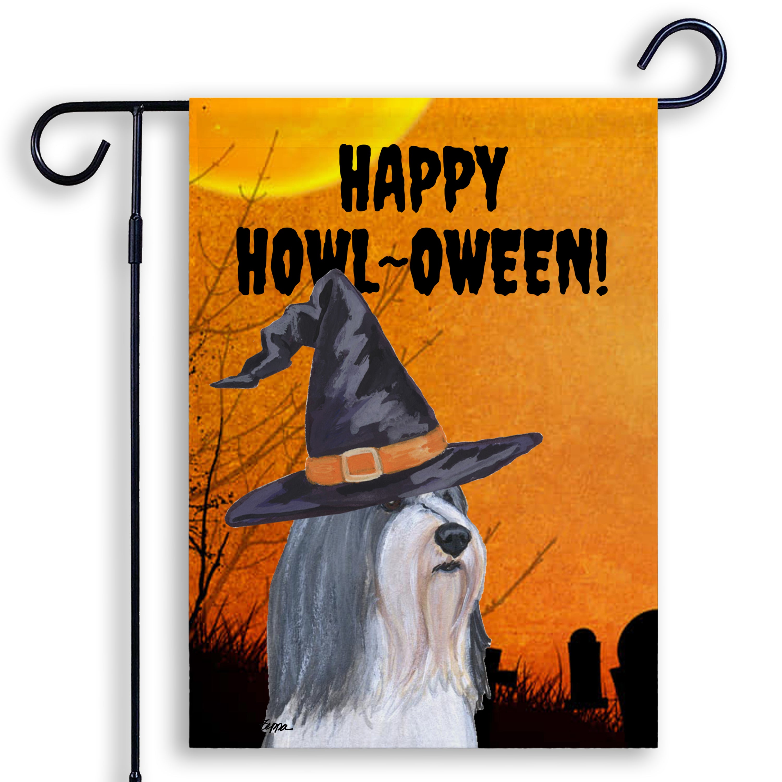 Halloween-themed garden flag with a Bearded Collie wearing a witch hat and 'Happy Howl-Oween!' text on an orange background.