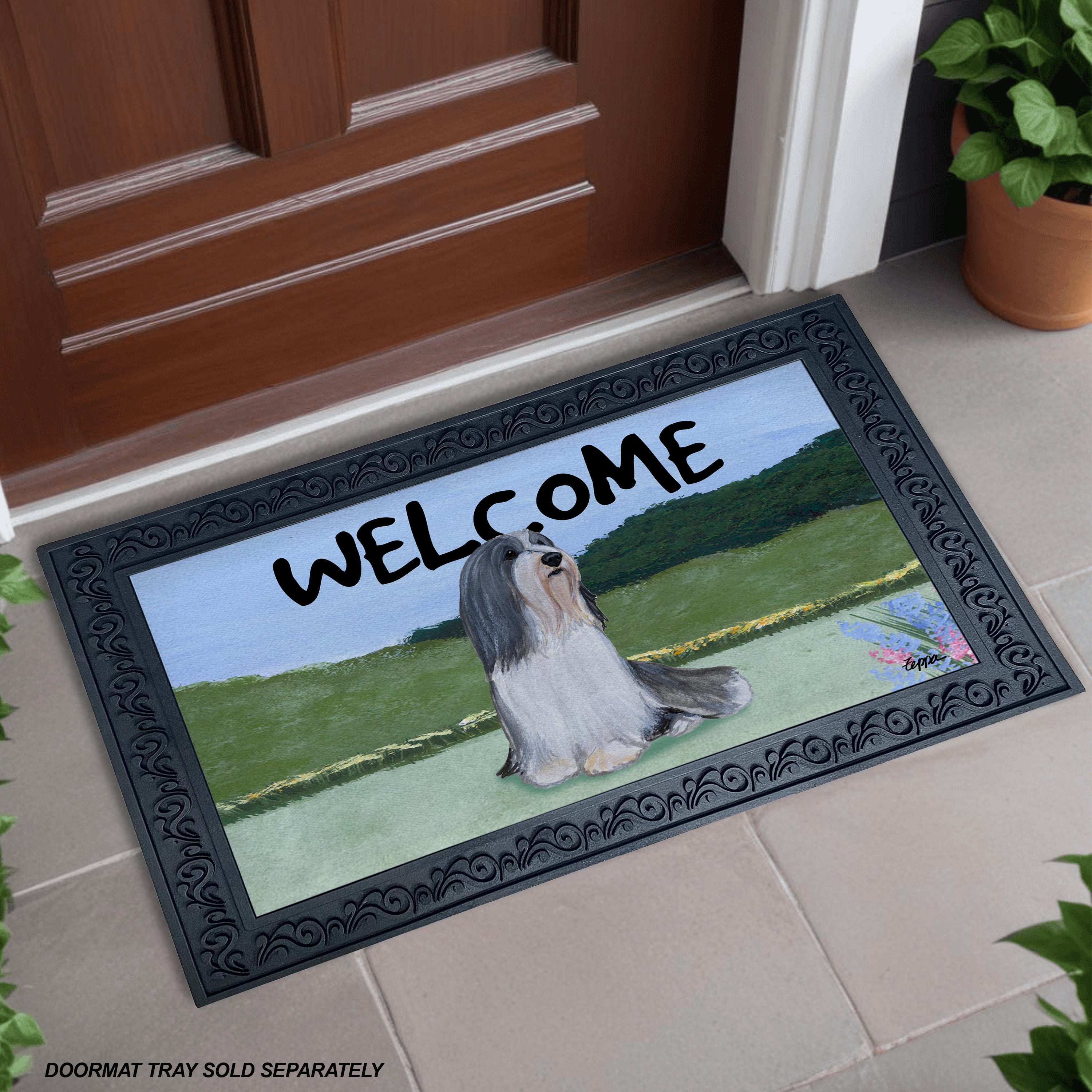 Bearded Collie Yard Scene Welcome Mat