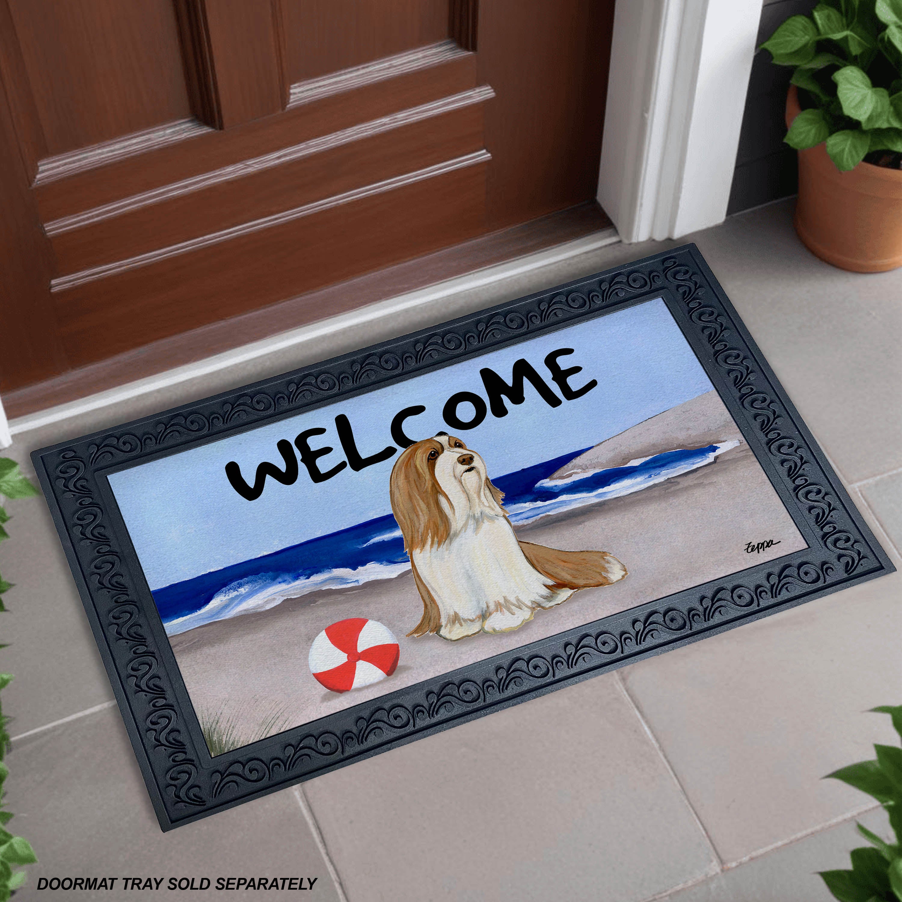 Brown and White Bearded Collie Beach Scene Welcome Mat