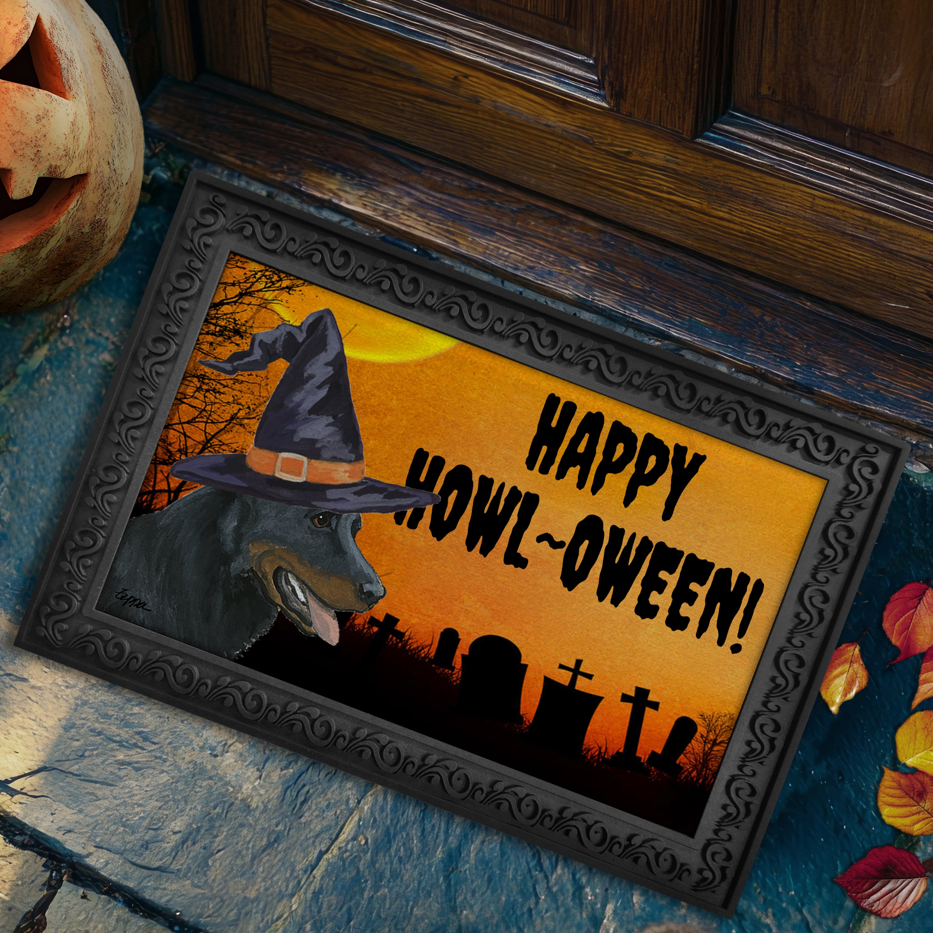 Halloween-themed doormat with a Beauceron wearing a witch hat and 'Happy Howl-Oween!' text on a doorstep.