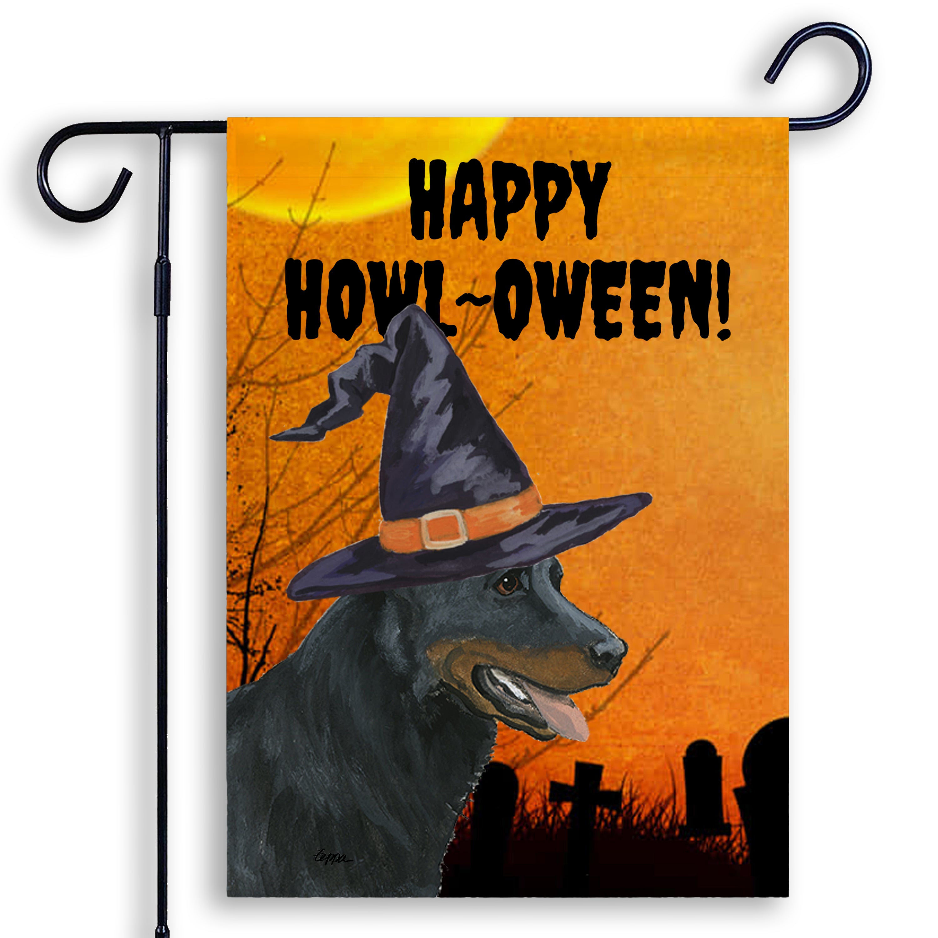 Halloween-themed garden flag with a Beauceron wearing a witch hat and 'Happy Howl-Oween!' text on an orange background.