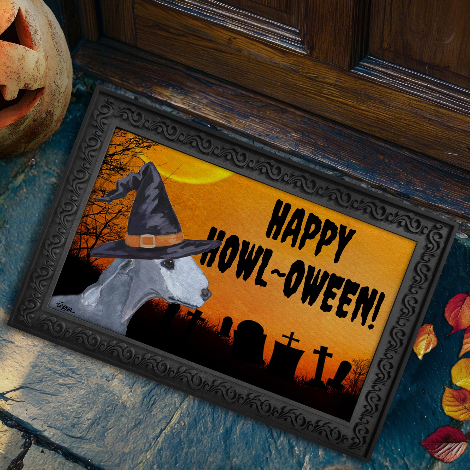 Halloween-themed doormat with a Bedlington Terrier wearing a witch hat and 'Happy Howl-Oween!' text on a doorstep.