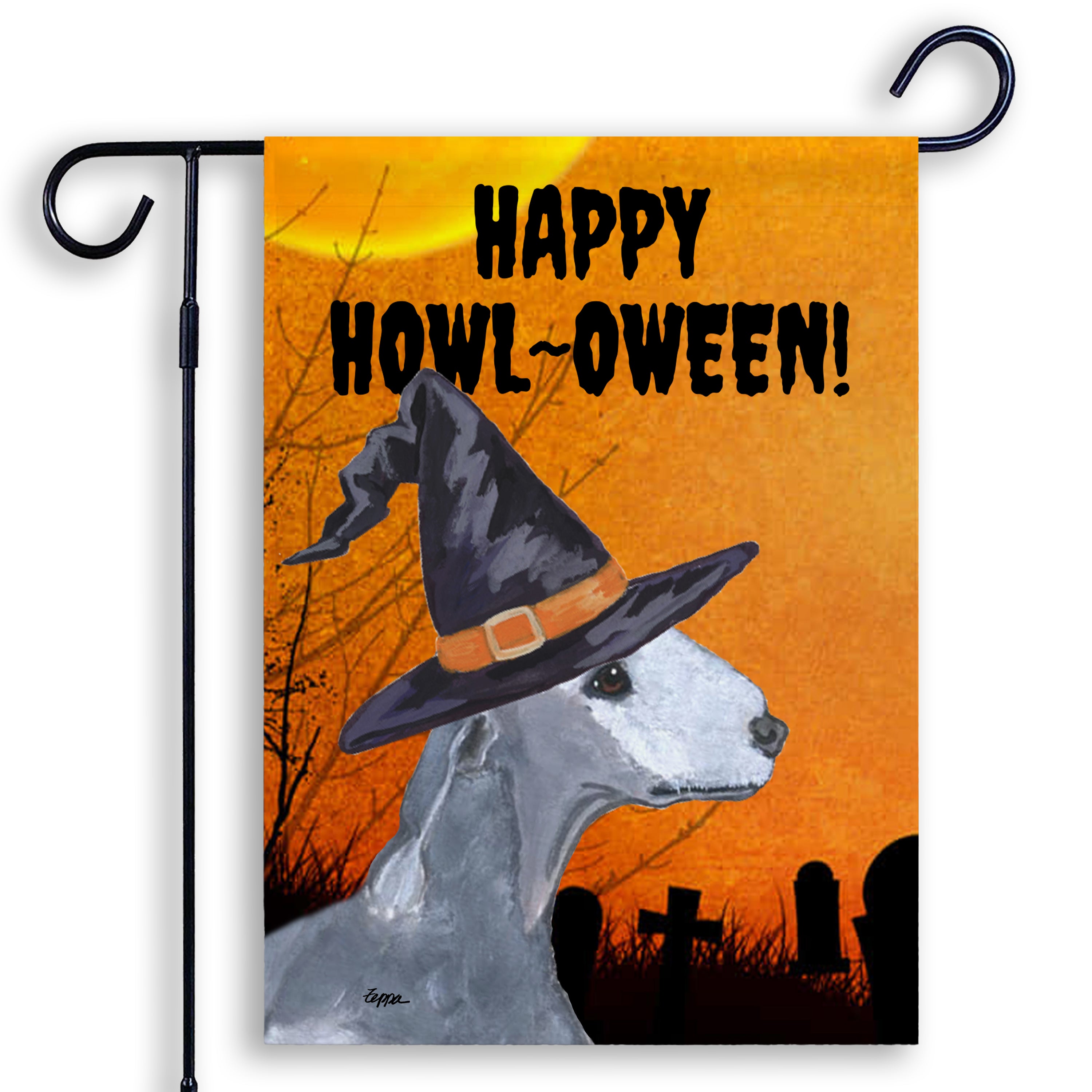 Halloween-themed garden flag with a Bedlington Terrier wearing a witch hat and 'Happy Howl-Oween!' text on an orange background.