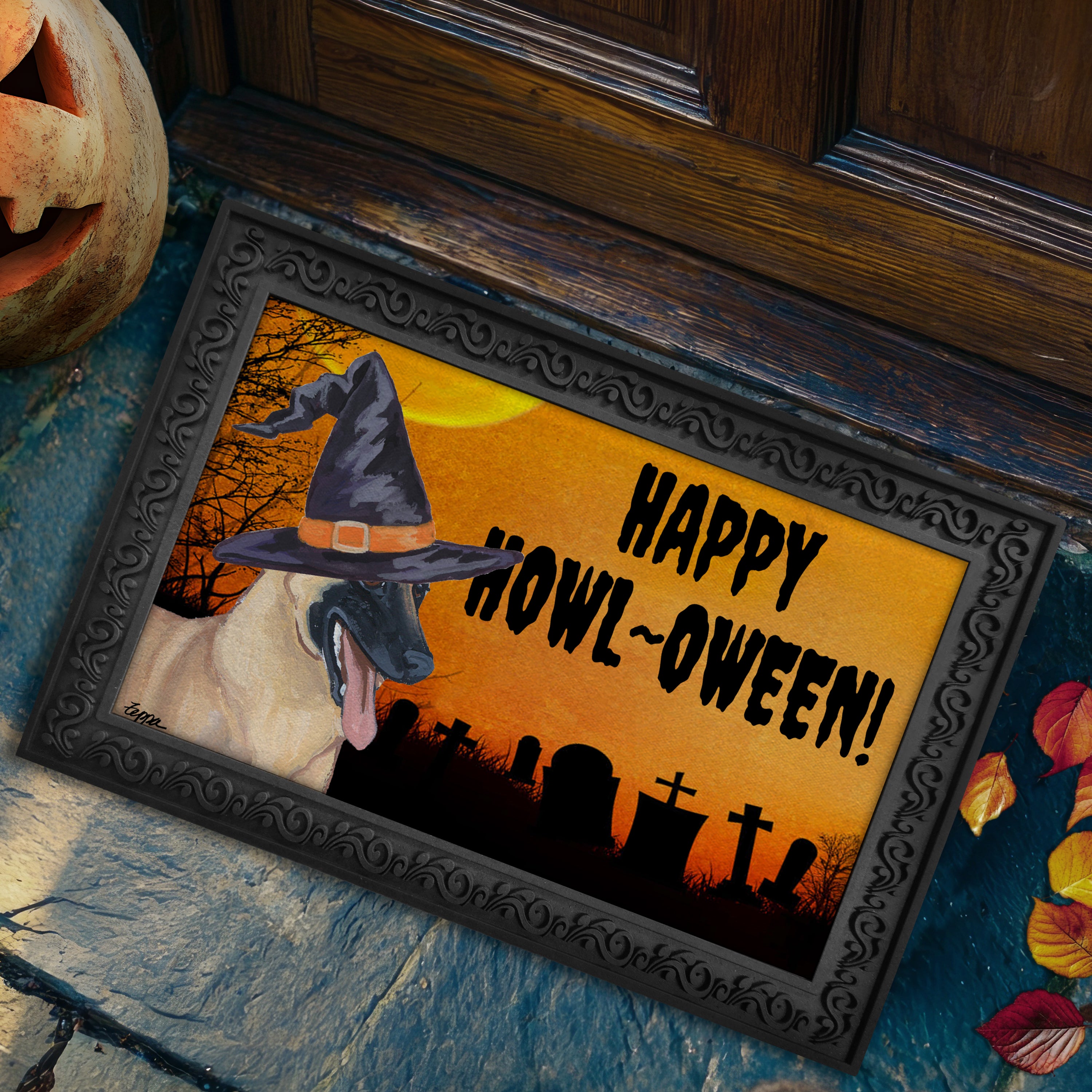 Halloween-themed doormat with a Belgian Malinois wearing a witch hat and 'Happy Howl-Oween!' text on a doorstep.