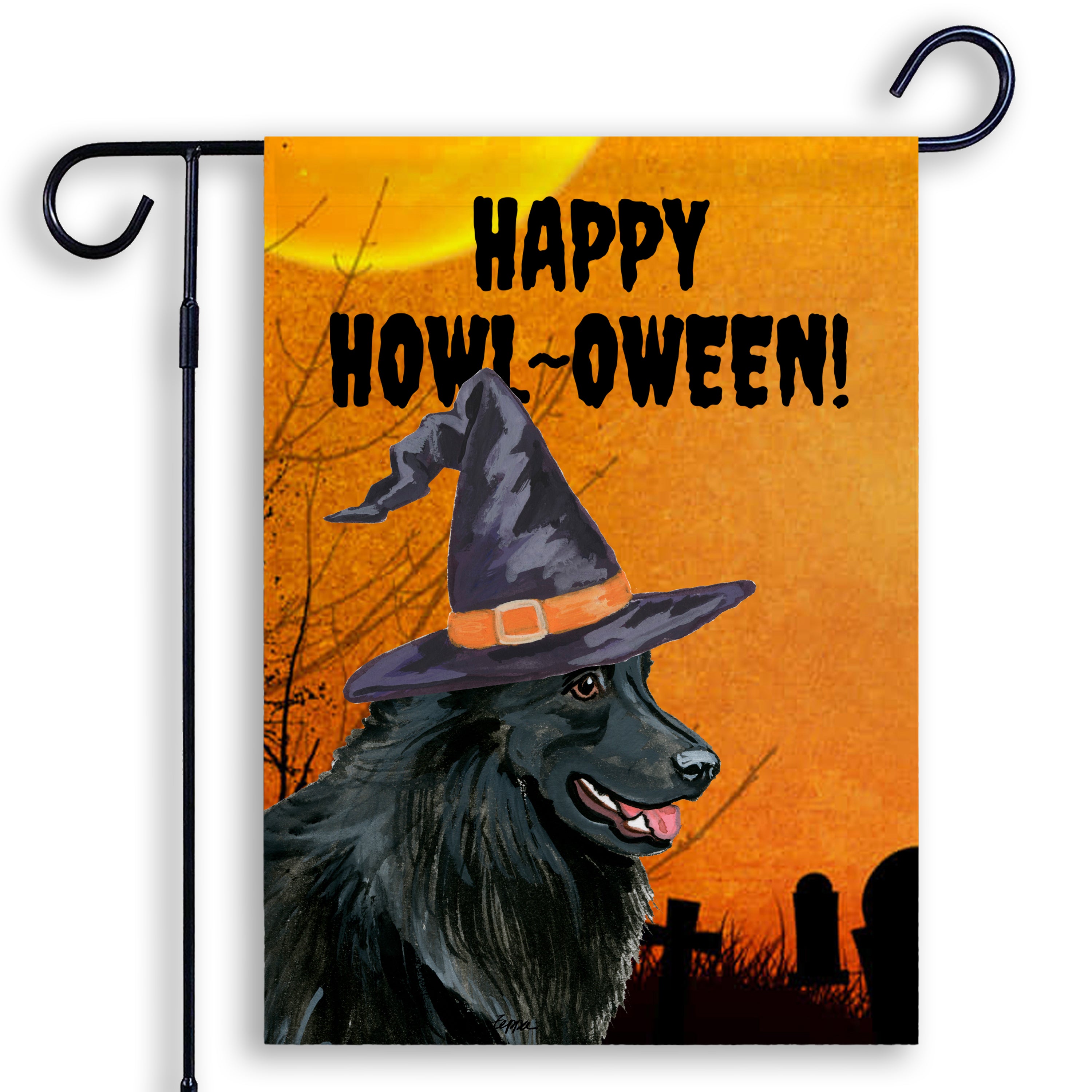 Halloween-themed garden flag with a Belgian Shepherd wearing a witch hat and 'Happy Howl-Oween!' text on an orange background.