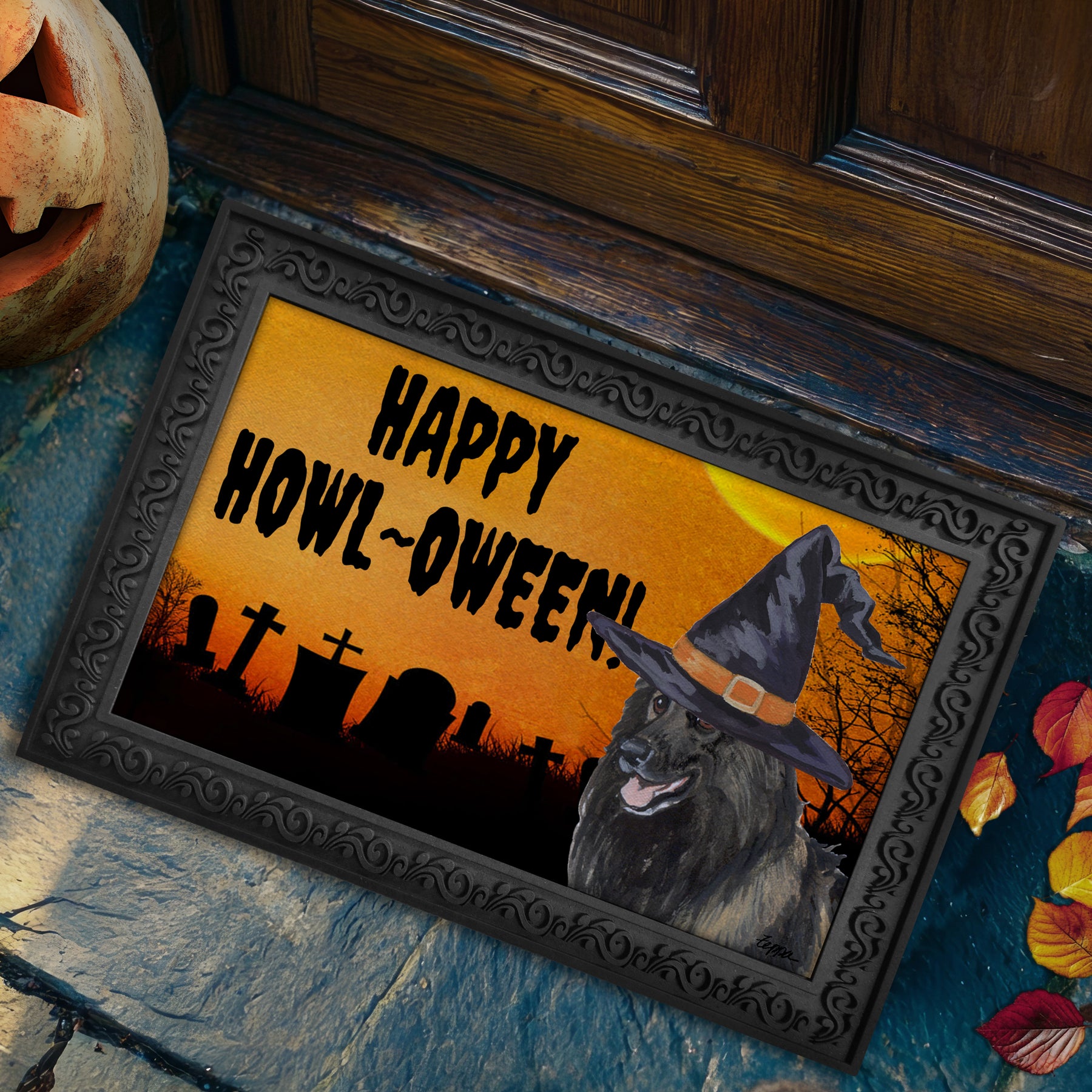 Halloween-themed doormat with a Belgian Tervuren wearing a witch hat and 'Happy Howl-Oween!' text on a doorstep.