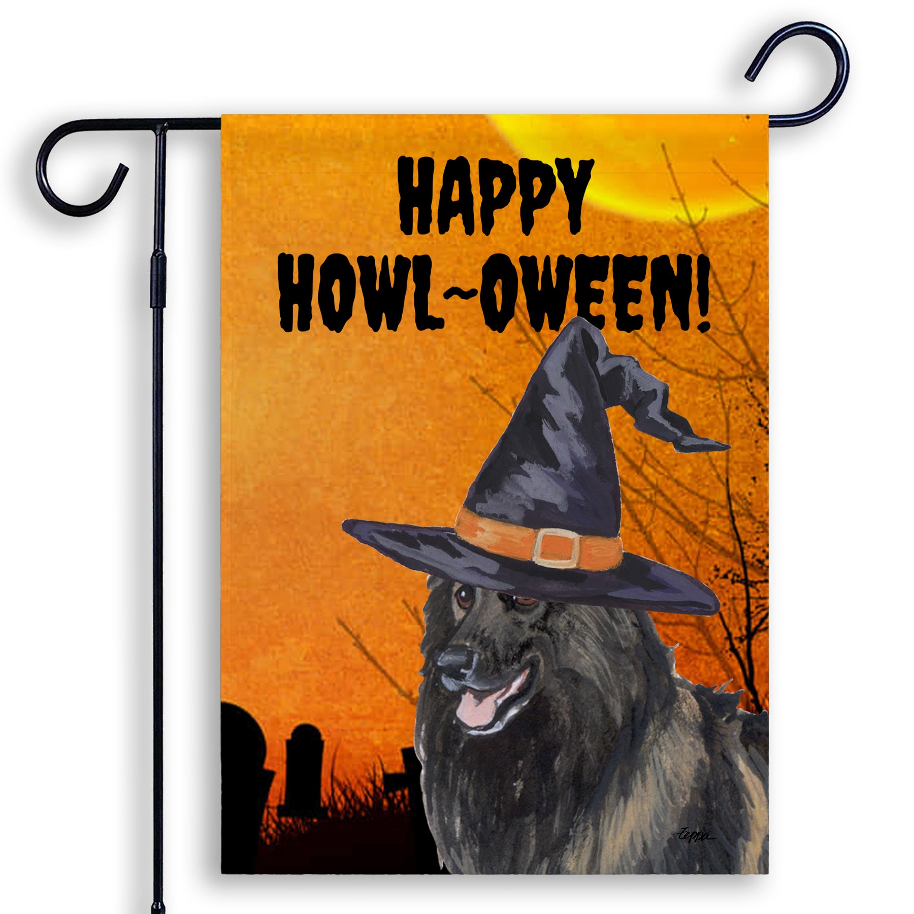 Halloween-themed garden flag with a Belgian Tervuren wearing a witch hat and 'Happy Howl-Oween!' text on an orange background.