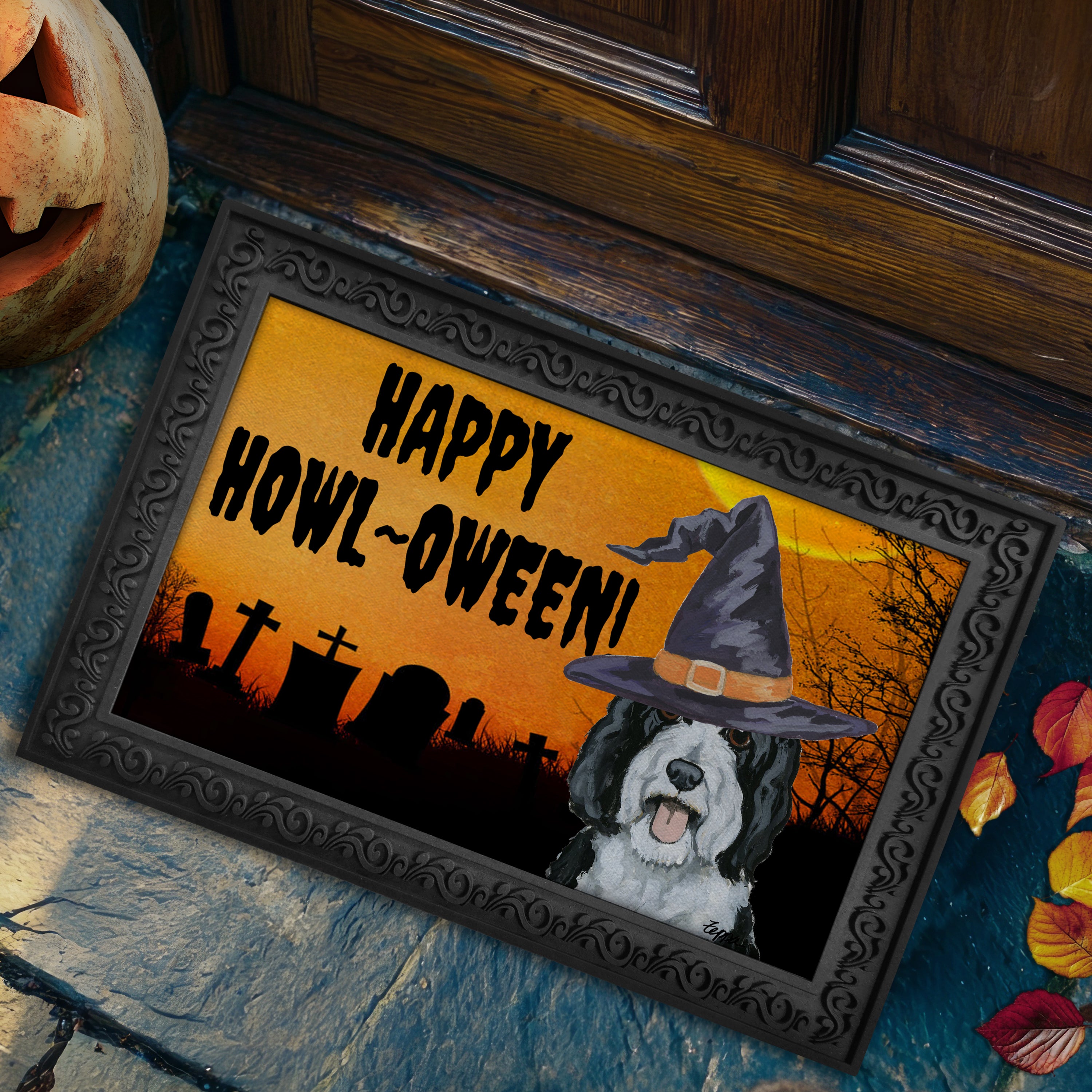 Halloween-themed doormat with a Bernedoodle wearing a witch hat and 'Happy Howl-Oween!' text.