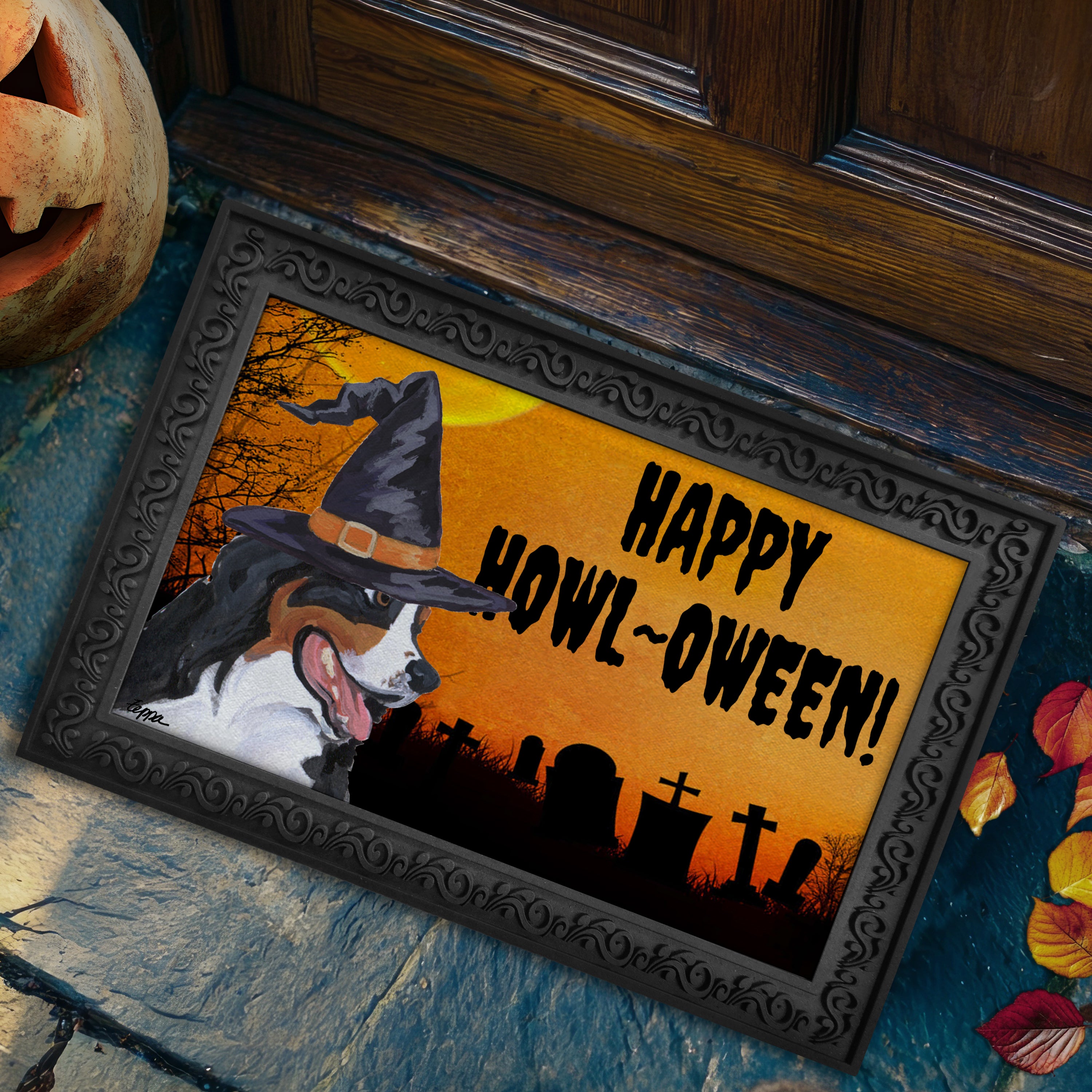 Halloween-themed doormat with a Bernese Mountain Dog wearing a witch hat and 'Happy Howl-Oween!' text on a doorstep.