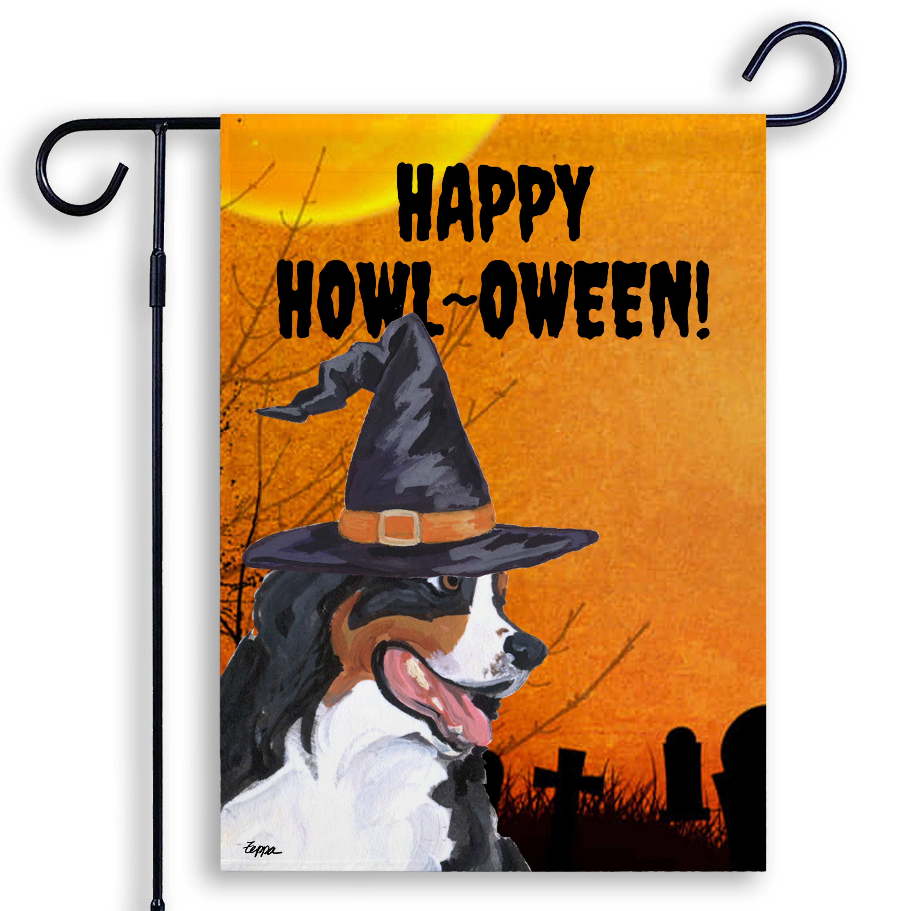 Halloween-themed garden flag with a Bernese Mountain Dog wearing a witch hat and 'Happy Howl-Oween!' text on an orange background.