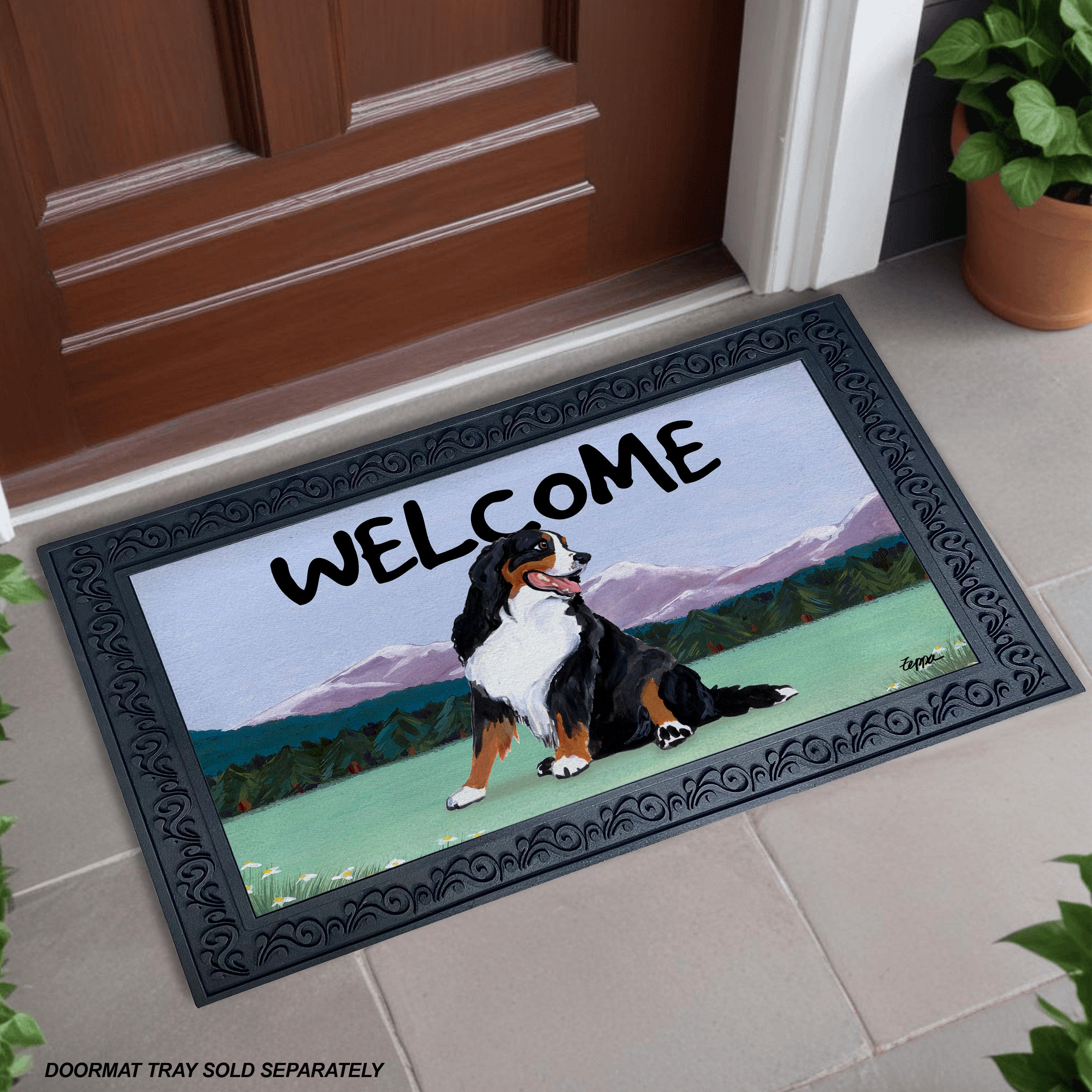 Bernese Mountain Dog Mountain Scene Welcome Mat