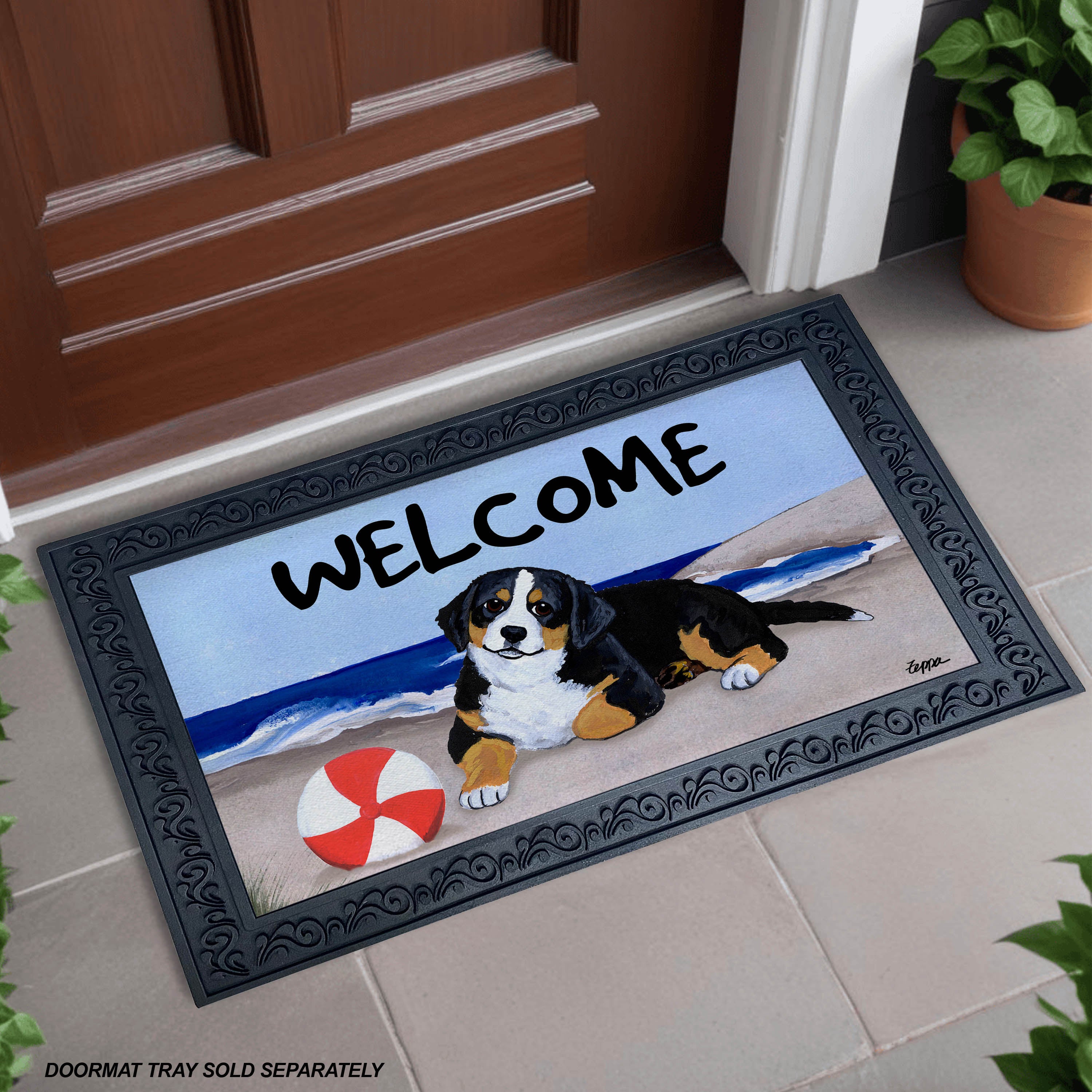 Bernese Mountain Dog Puppy Beach Scene Welcome Mat