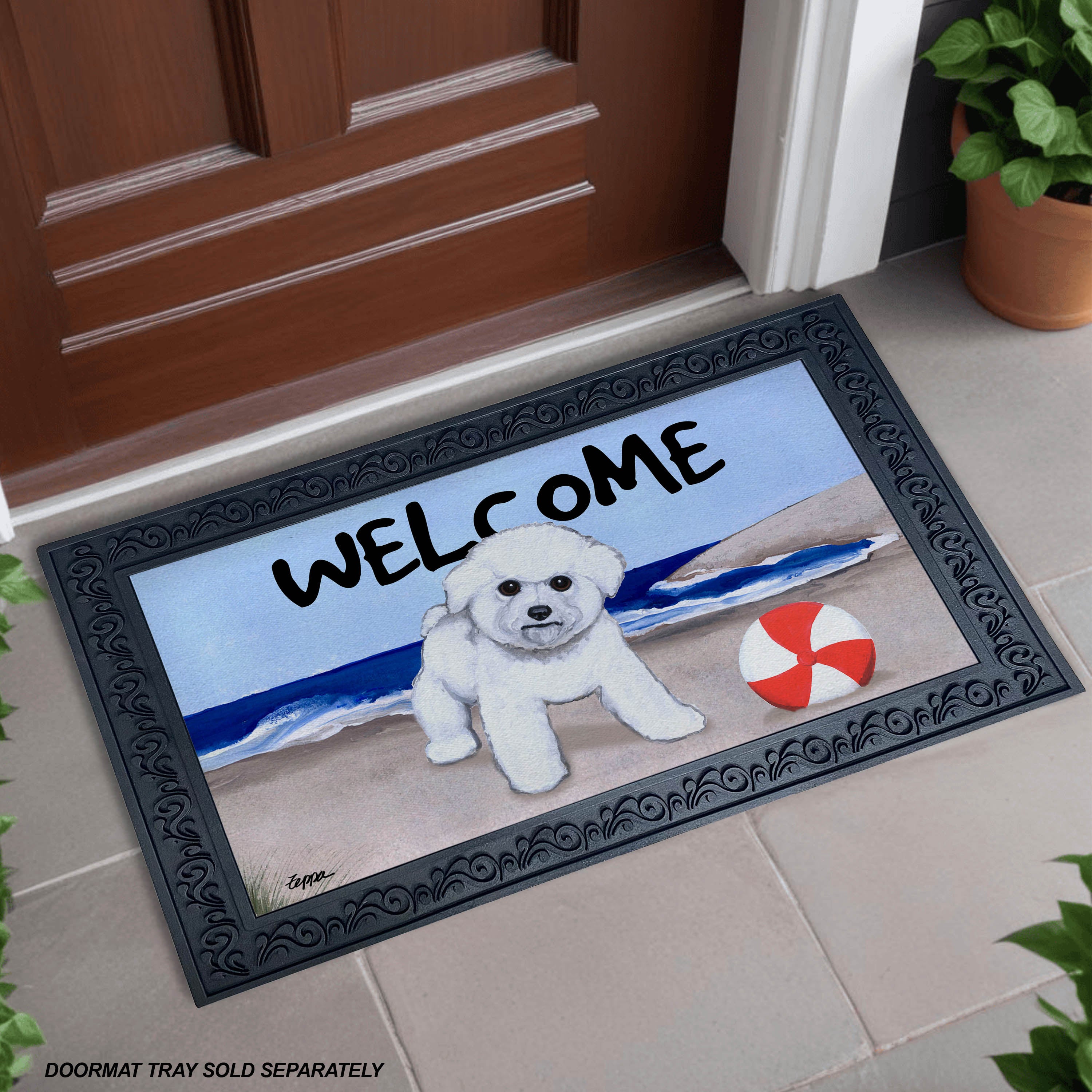 Bichon Frise Puppy Beach Scene Welcome Mat