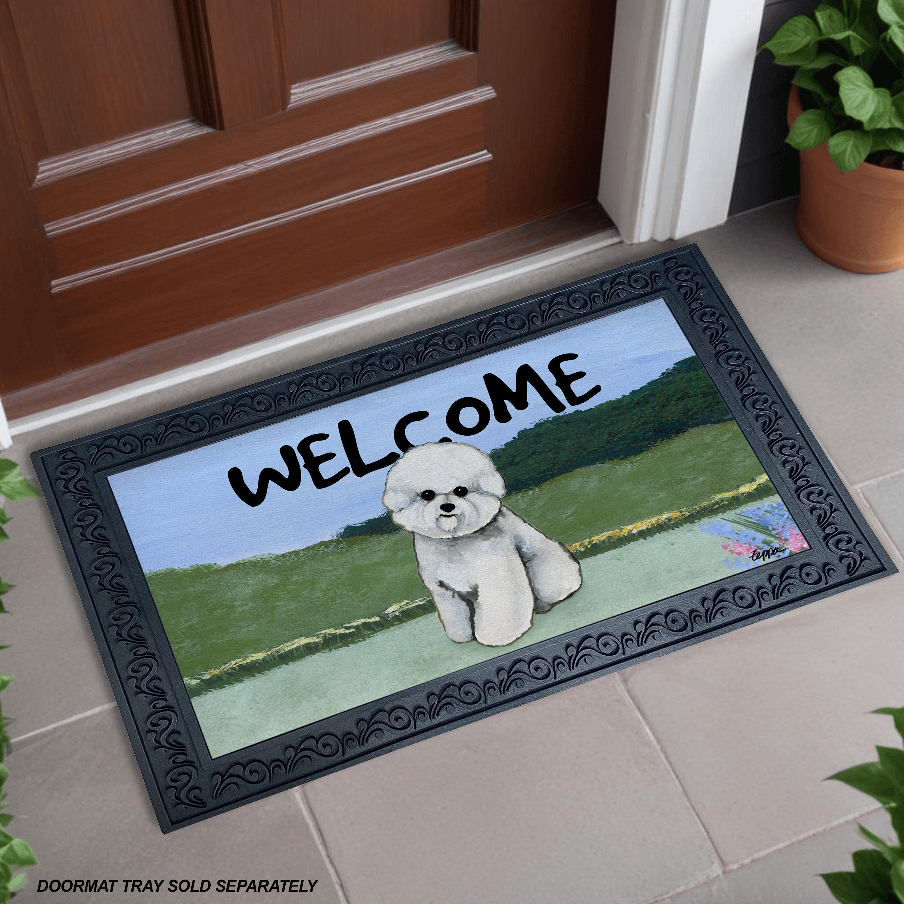 Bichon Frise Yard Scene Welcome Mat