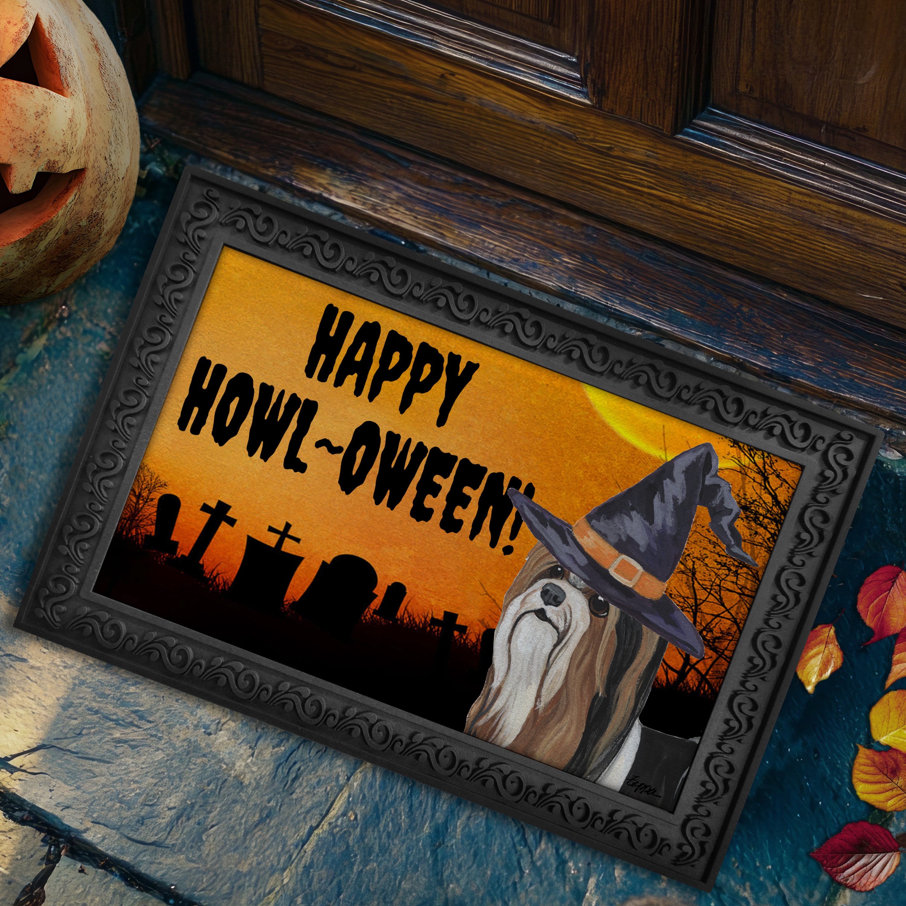 Biewer Terrier in a witch's hat on a Happy Howl-ween doormat.