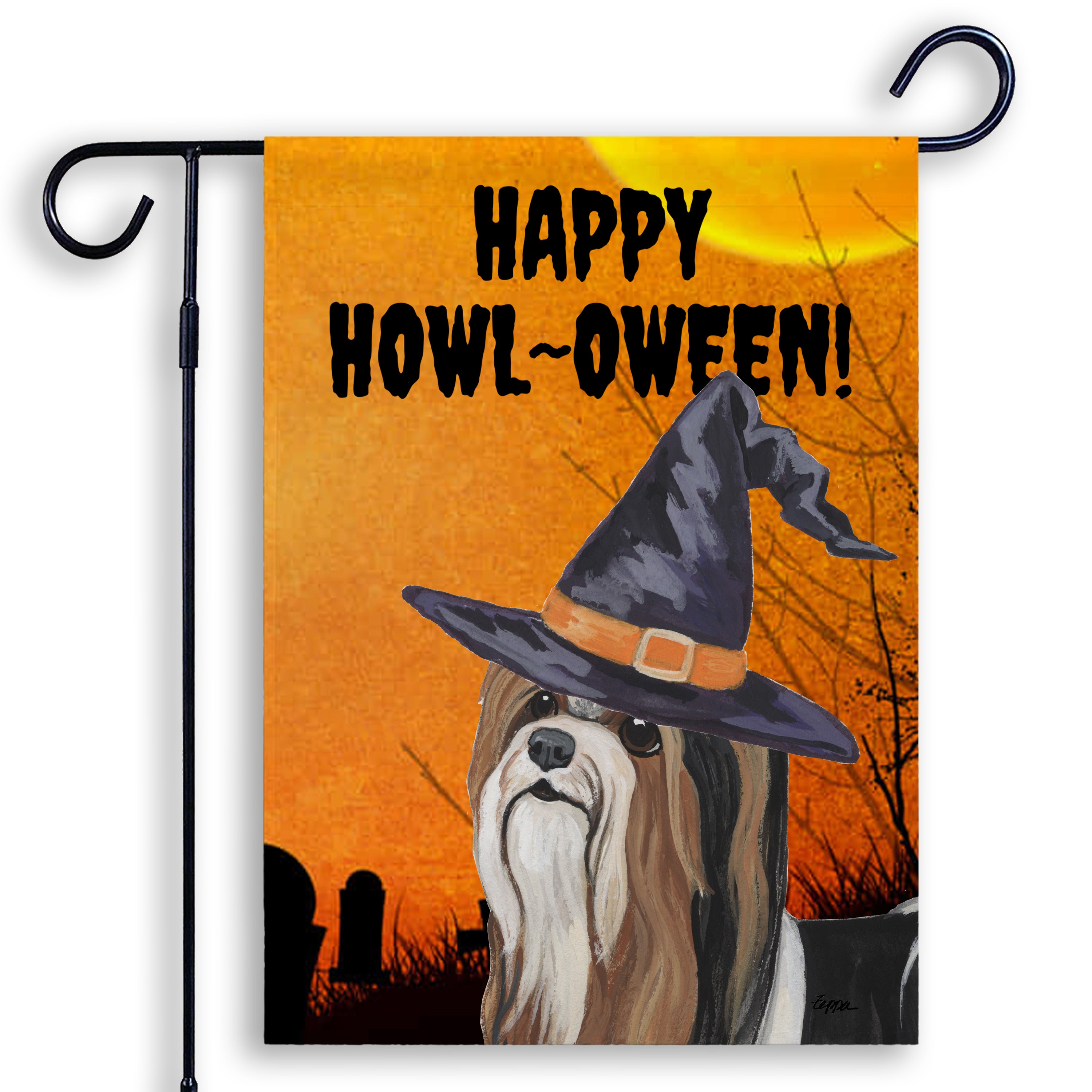 Halloween-themed garden flag with a Biewer Terrier wearing a witch hat and 'Happy Howl-Oween!' text on an orange background.