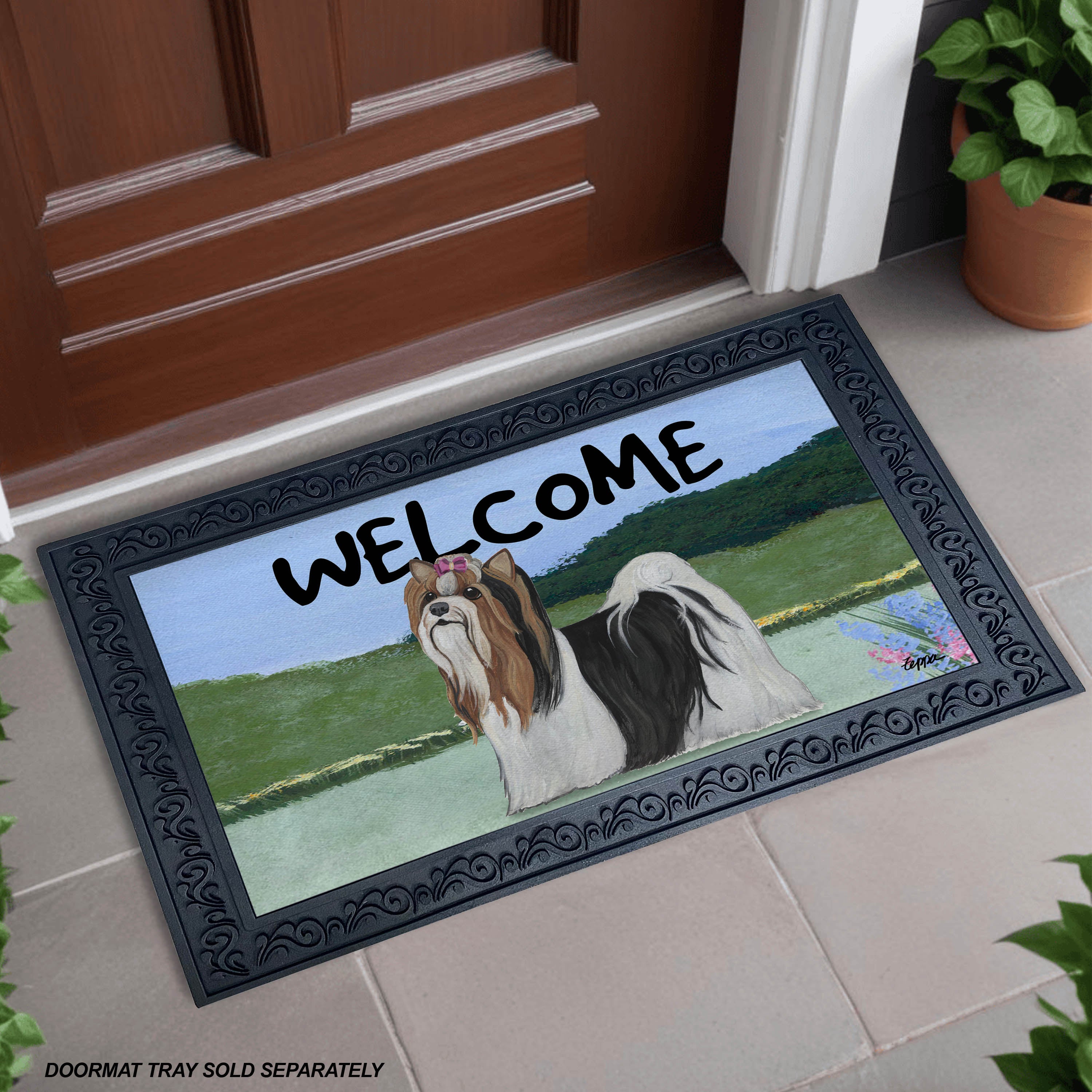 Biewer Terrier Yard Scene Welcome Mat