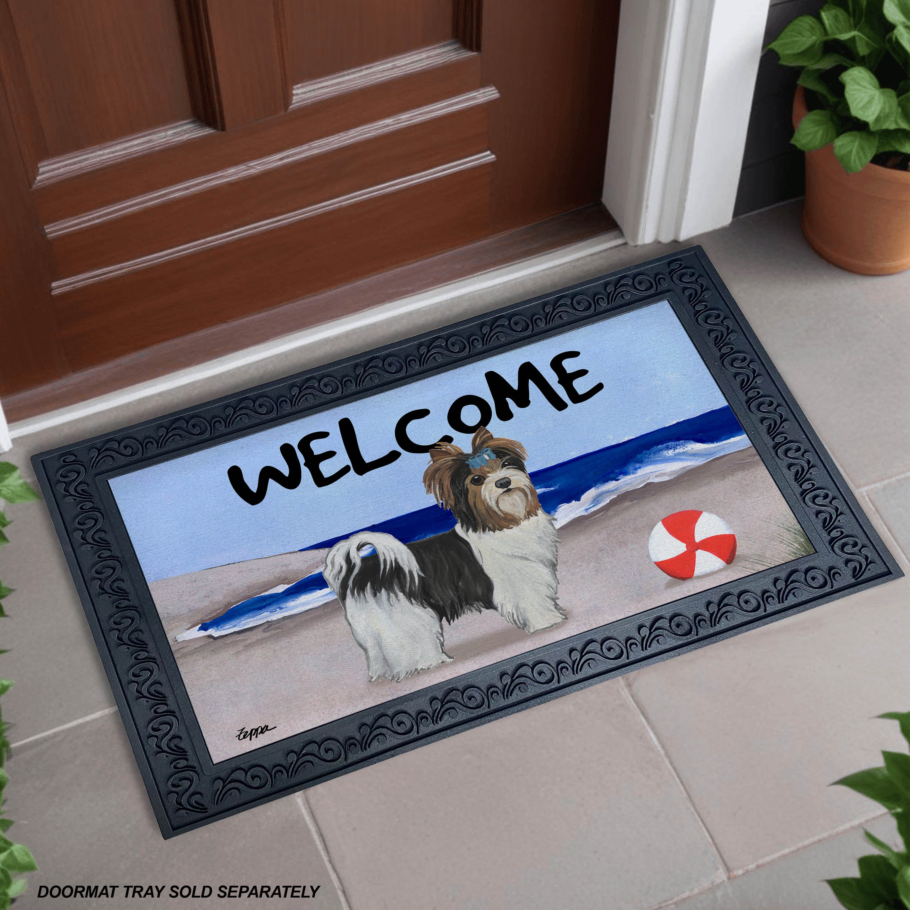 Biewer Terrier Puppy Clip Beach Scene Welcome Mat