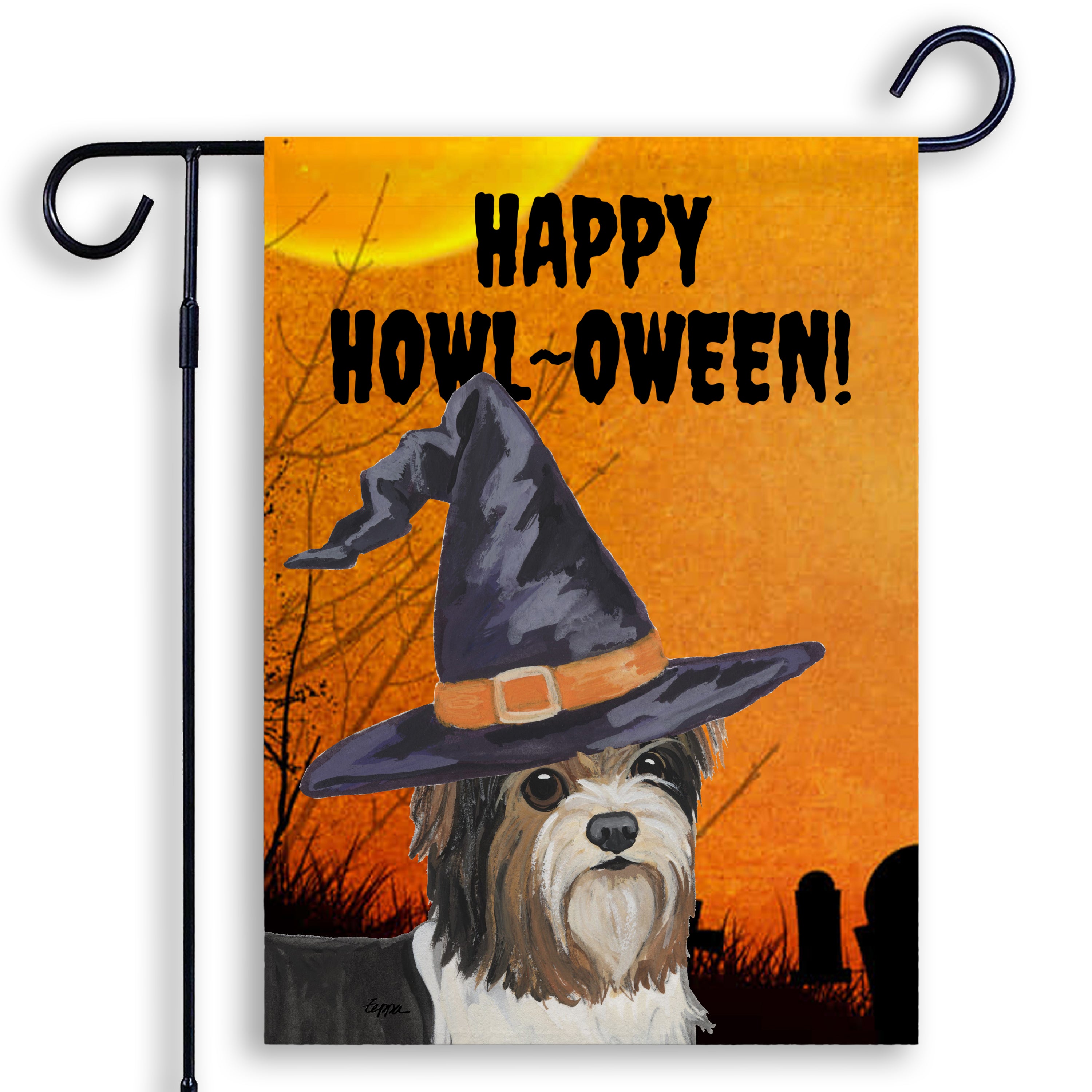 Halloween-themed garden flag with a Biewer Terrier wearing a witch hat and 'Happy Howl-Oween!' text on an orange background.