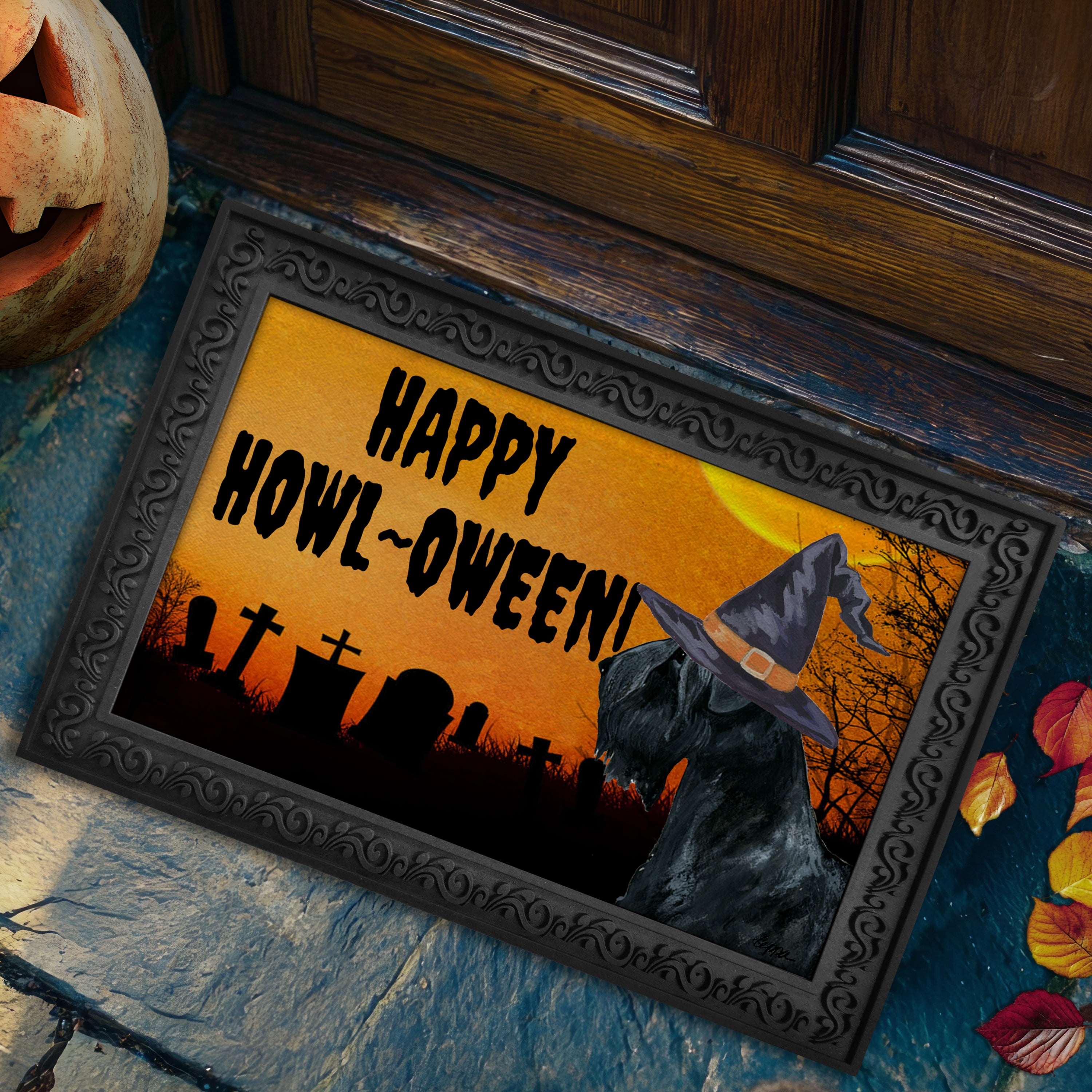 Halloween-themed doormat with a Black Russian Terrier wearing a witch hat and 'Happy Howl-Oween!' text on a doorstep.
