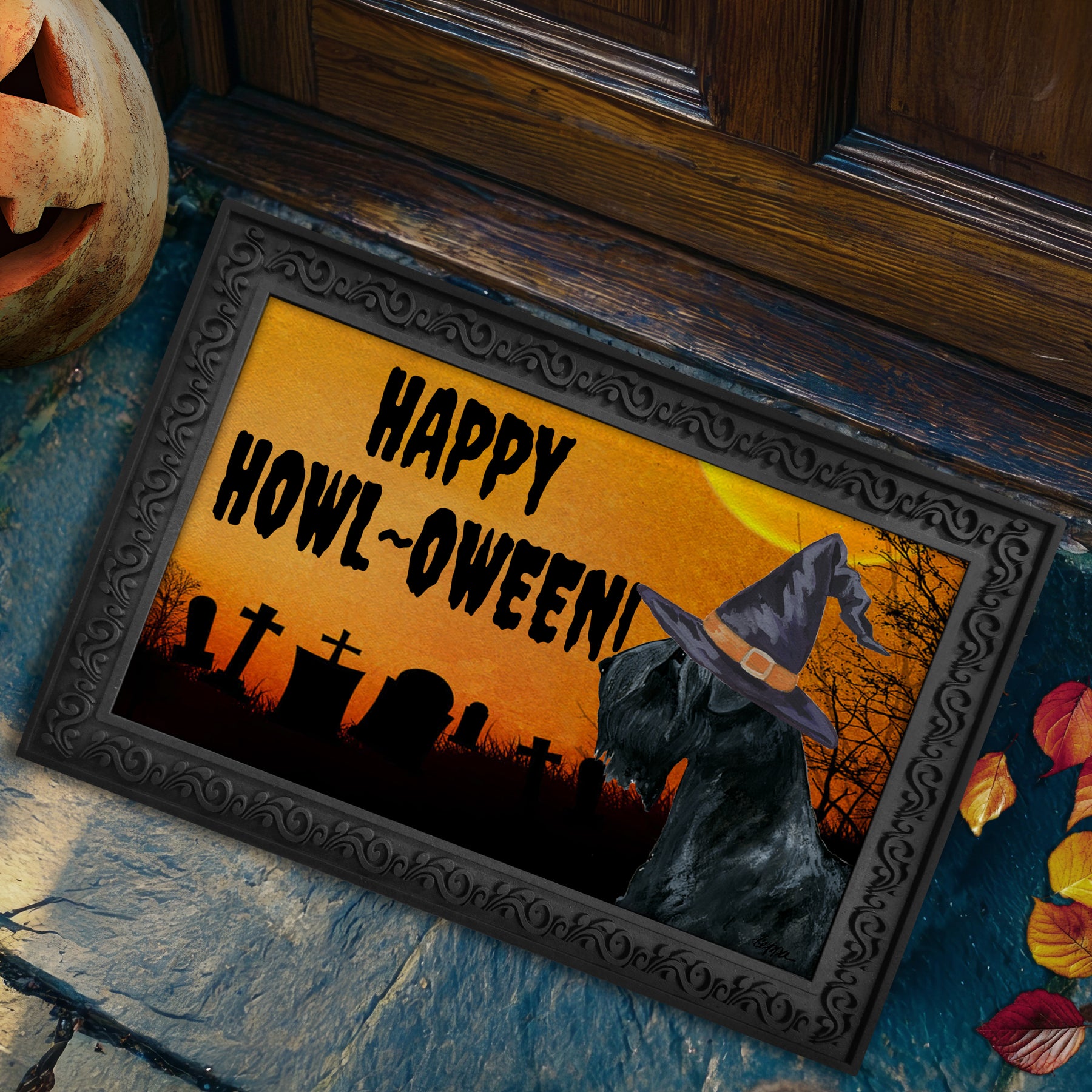 Halloween-themed doormat with a Black Russian Terrier wearing a witch hat and 'Happy Howl-Oween!' text on a doorstep.