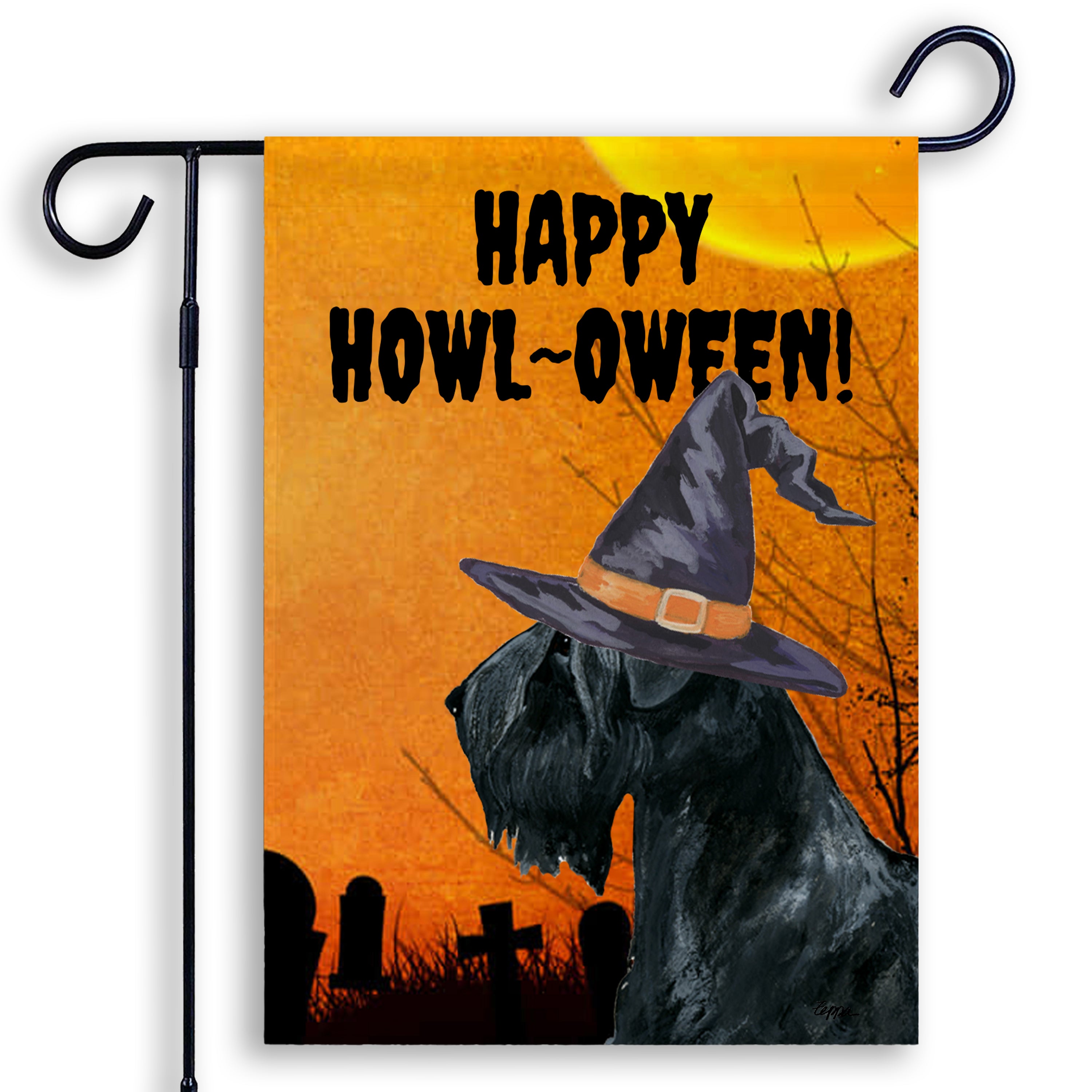 Halloween-themed garden flag with a Black Russian Terrier wearing a witch hat and 'Happy Howl-Oween!' text on an orange background.