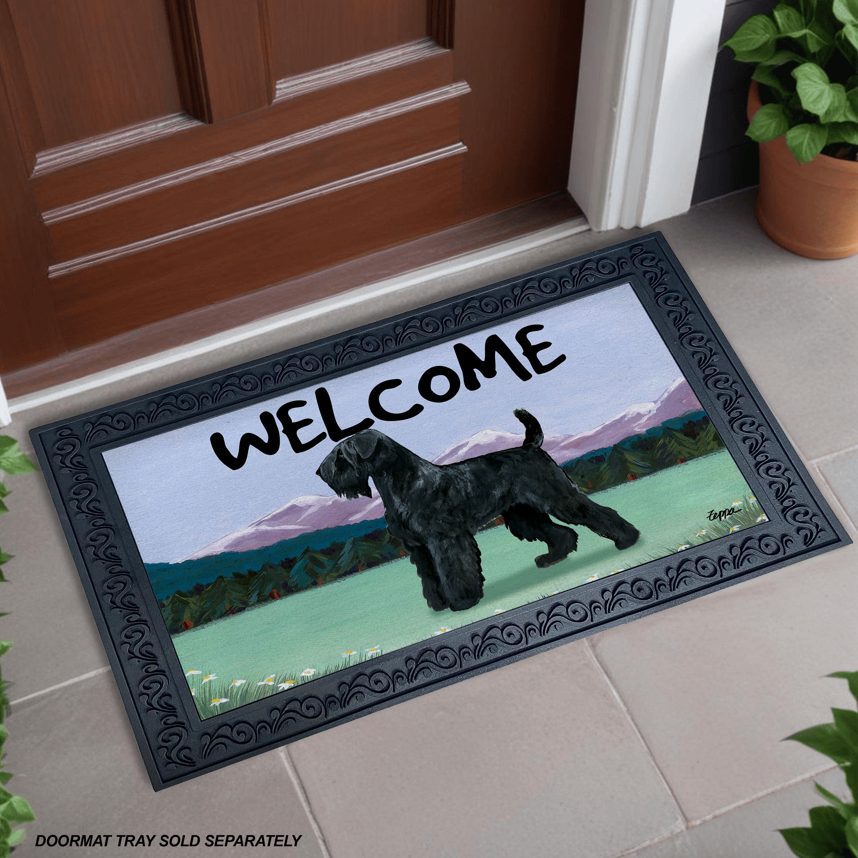 Black Russian Terrier Mountain Scene Welcome Mat