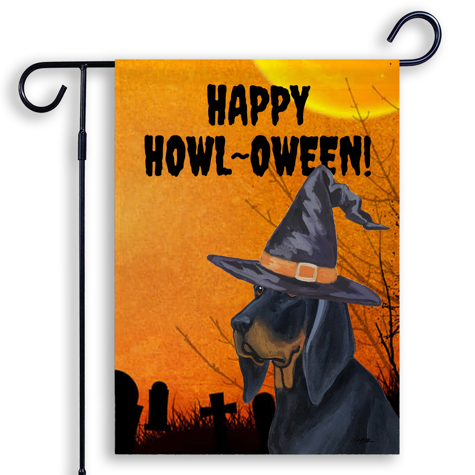Halloween-themed garden flag with a Black and Tan Coonhound wearing a witch hat and 'Happy Howl-Oween!' text on an orange background.