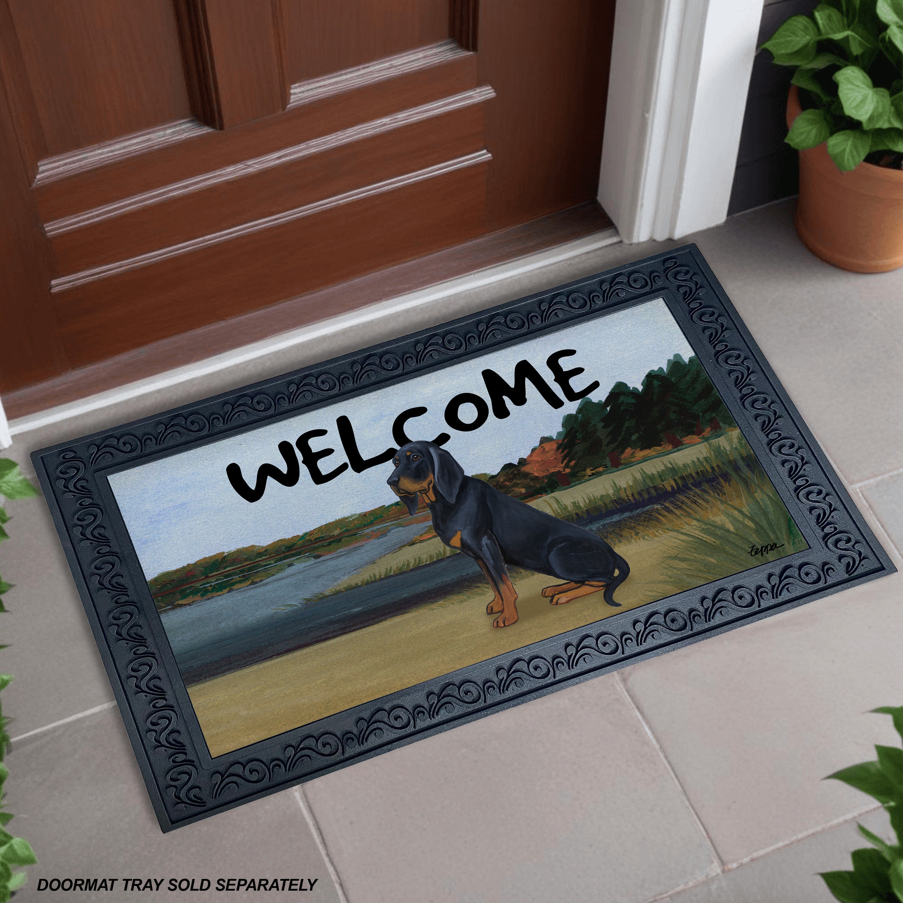 Black and Tan Coonhound Lake Scene Welcome Mat