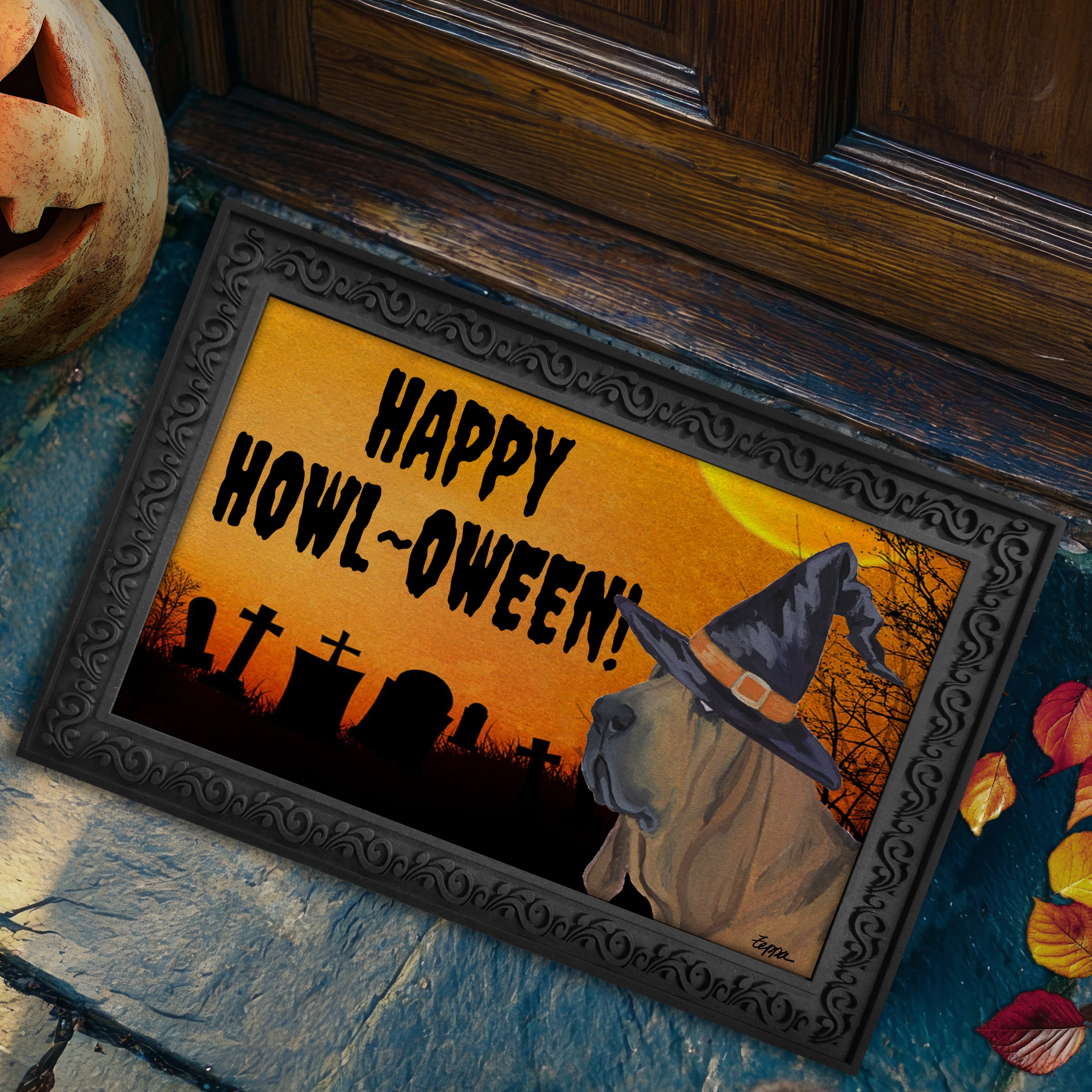 Halloween-themed doormat with a Bloodhound wearing a witch hat and 'Happy Howl-Oween!' text on a doorstep.