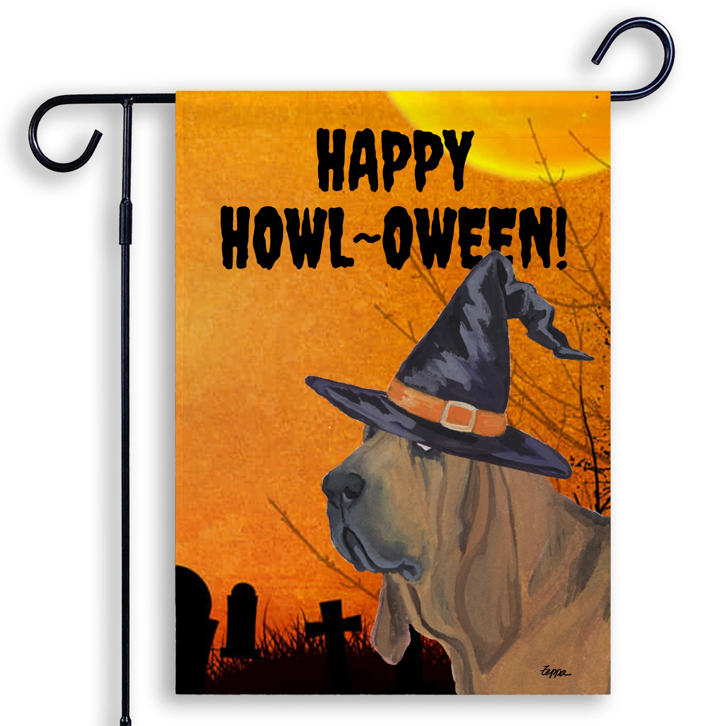 Halloween-themed garden flag with a Bloodhound wearing a witch hat and 'Happy Howl-Oween!' text on an orange background.