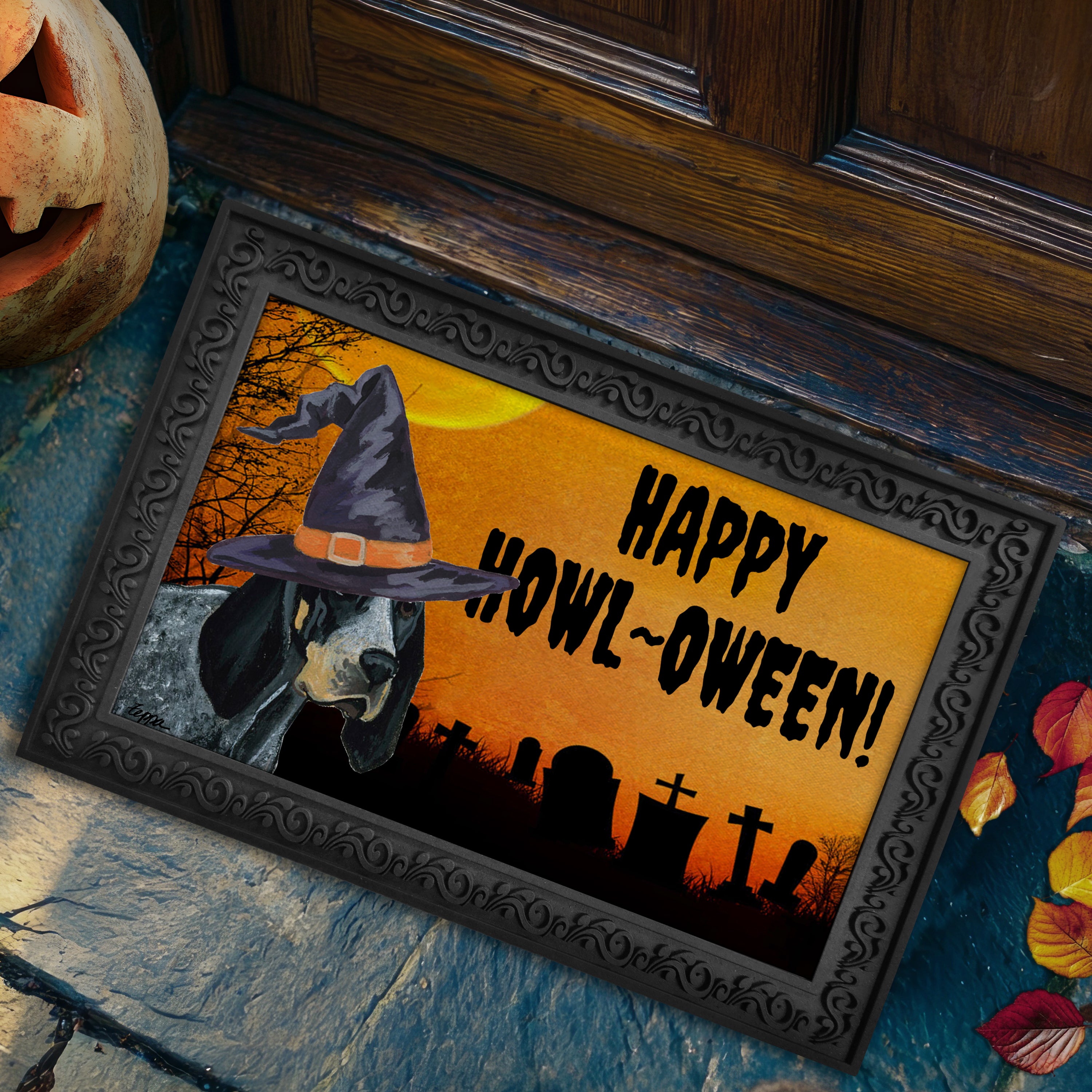 Halloween-themed doormat with a Bluetick Coonhound wearing a witch hat and 'Happy Howl-Oween!' text on a doorstep.
