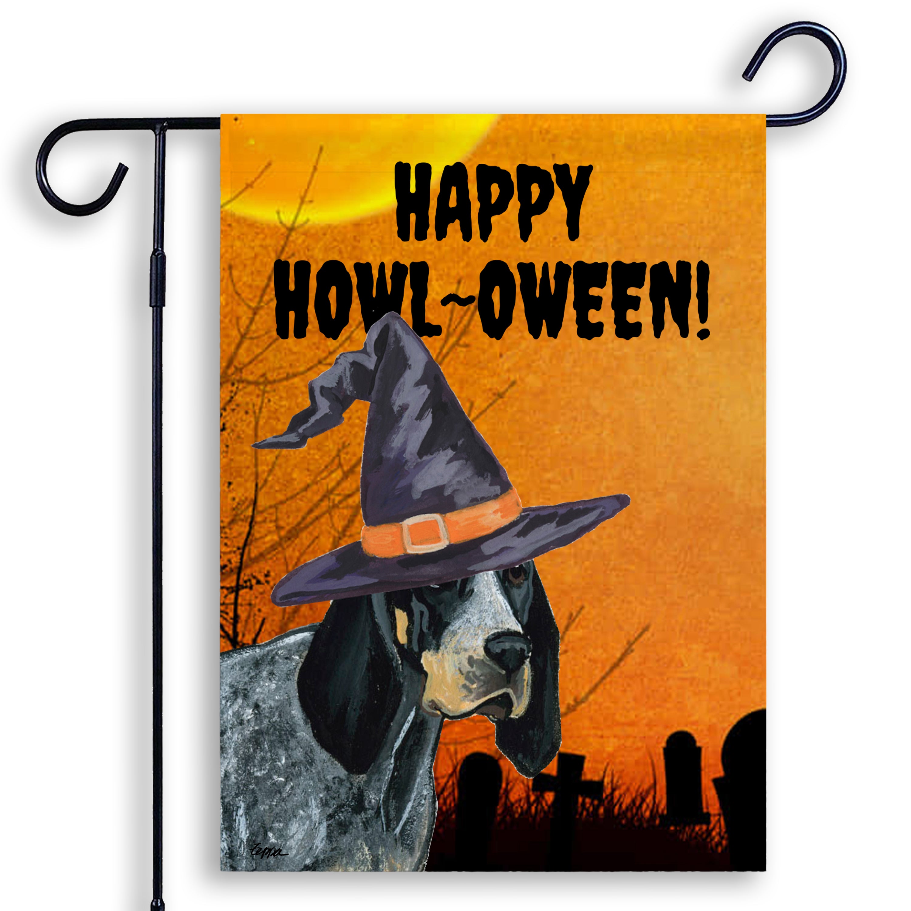 Halloween-themed garden flag with a Bluetick Coonhound wearing a witch hat and 'Happy Howl-Oween!' text on an orange background.