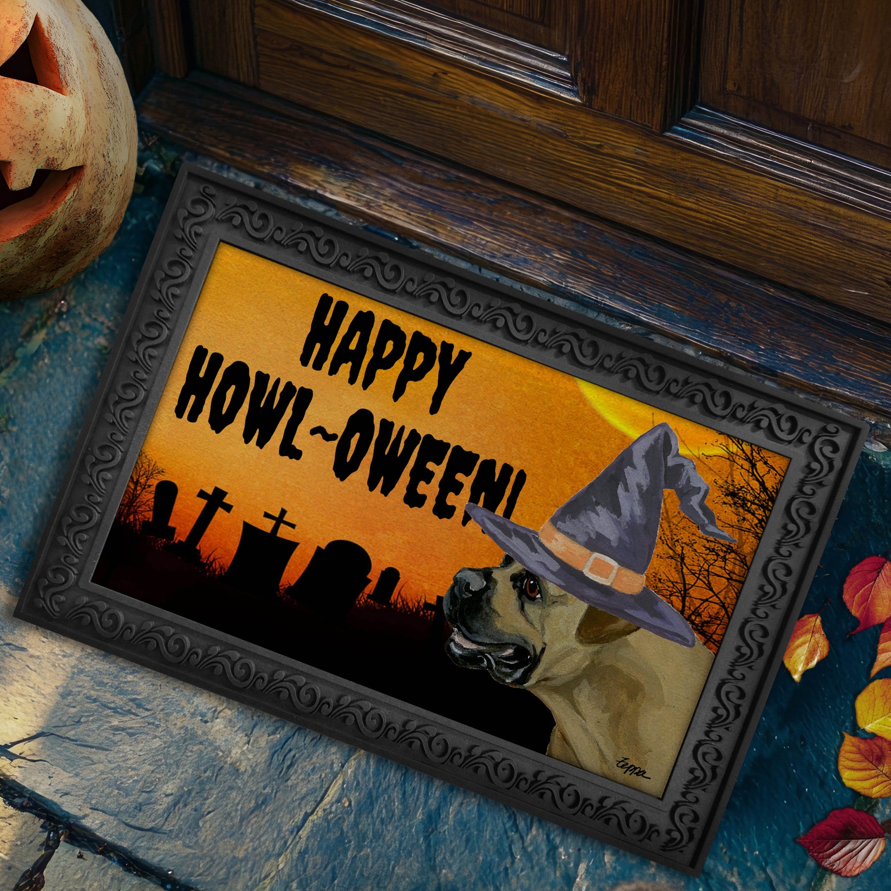 Boerboel in a witch's hat on a Happy Howl-ween doormat.