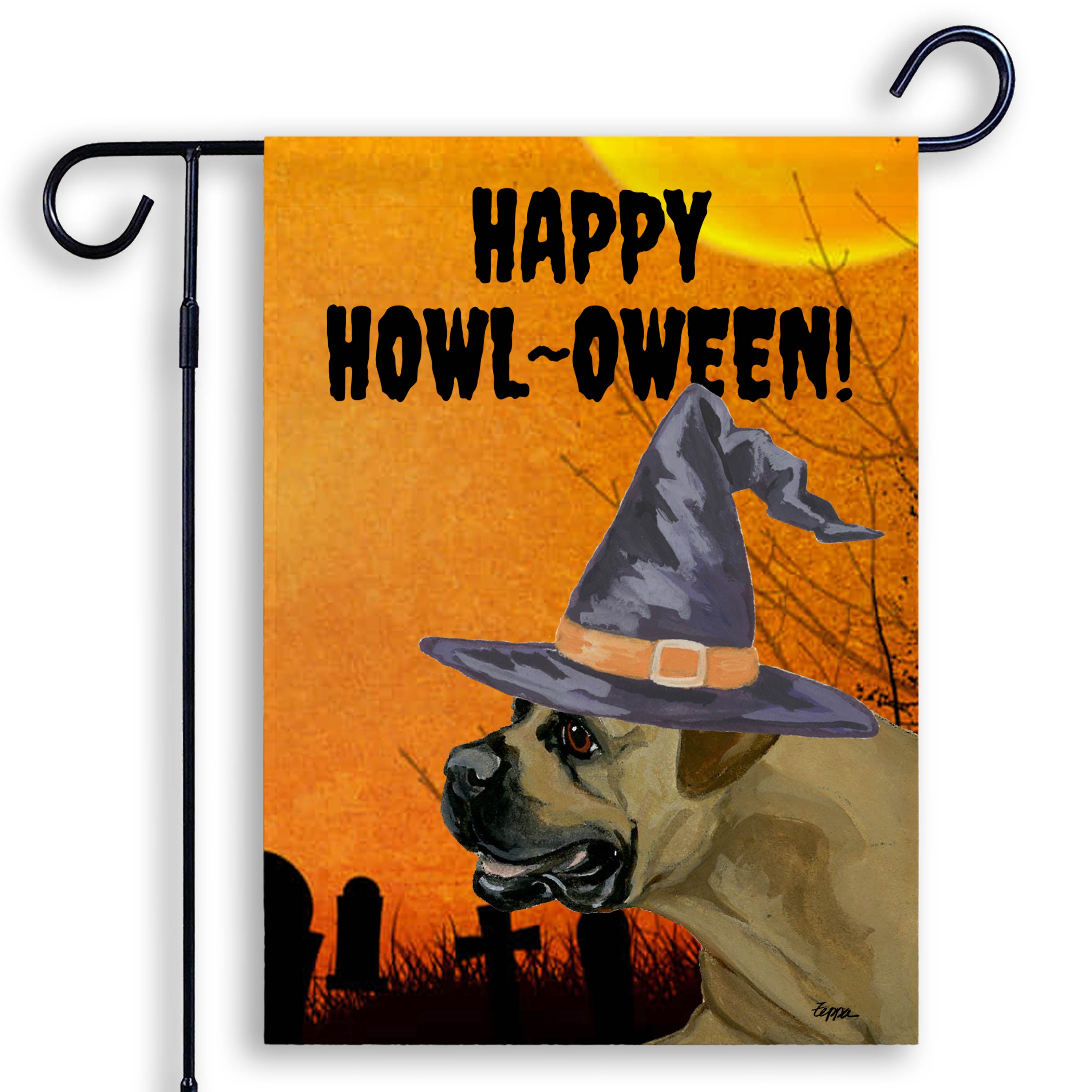 Halloween-themed garden flag with a Boerboel wearing a witch hat and 'Happy Howl-Oween!' text on an orange background.