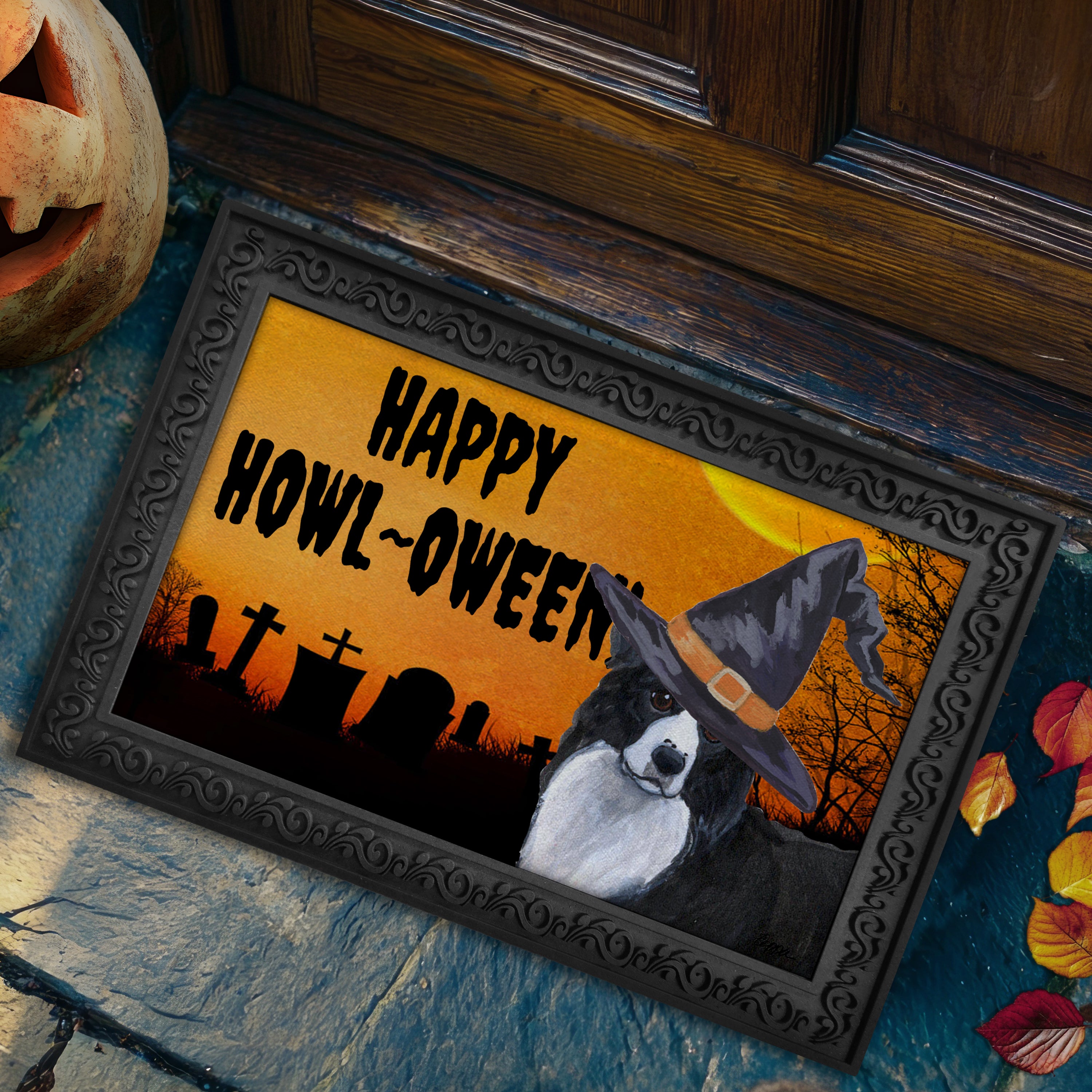 Halloween-themed doormat with a Border Collie wearing a witch hat and 'Happy Howl-Oween!' text on a doorstep.