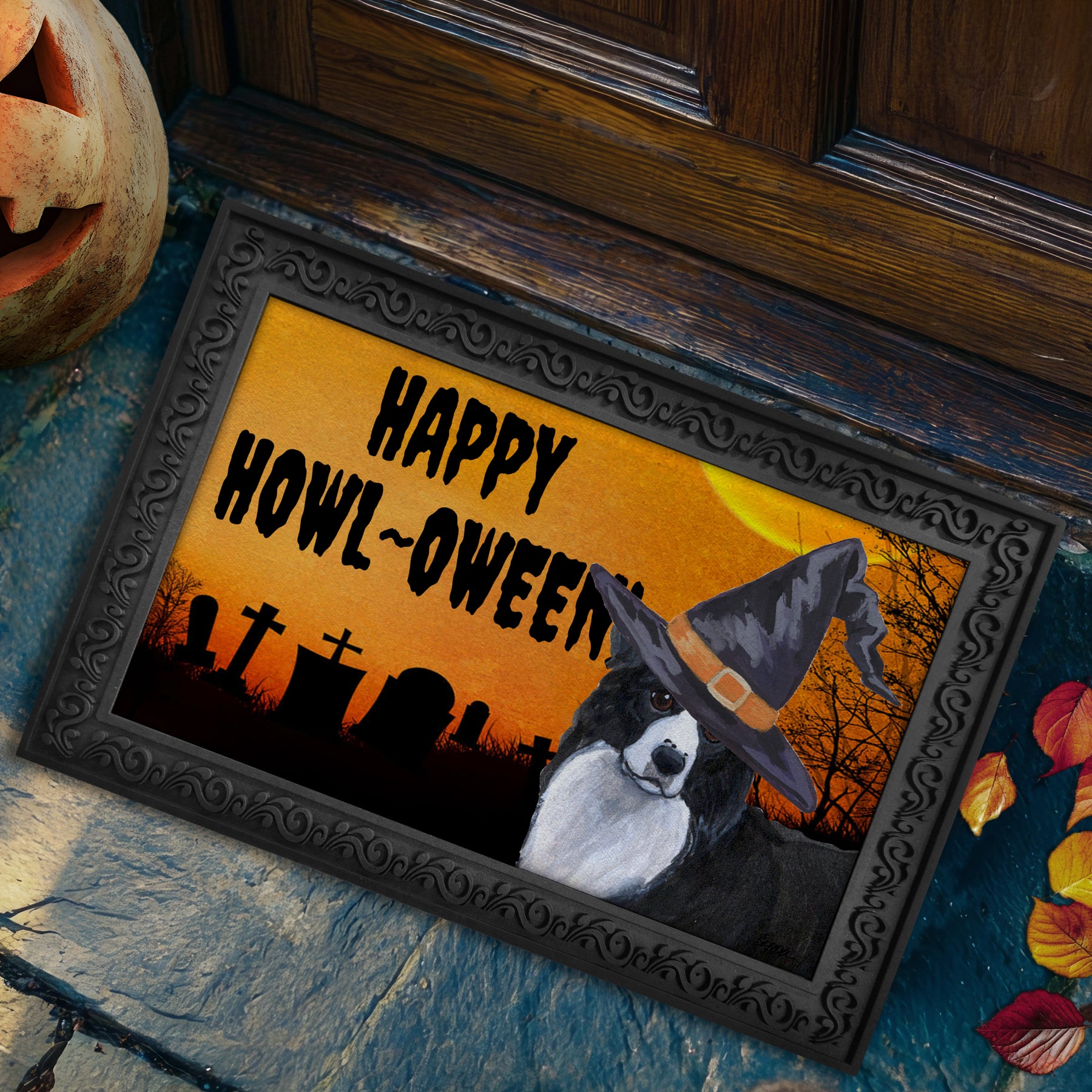 Halloween-themed doormat with a Border Collie wearing a witch hat and 'Happy Howl-Oween!' text on a doorstep.