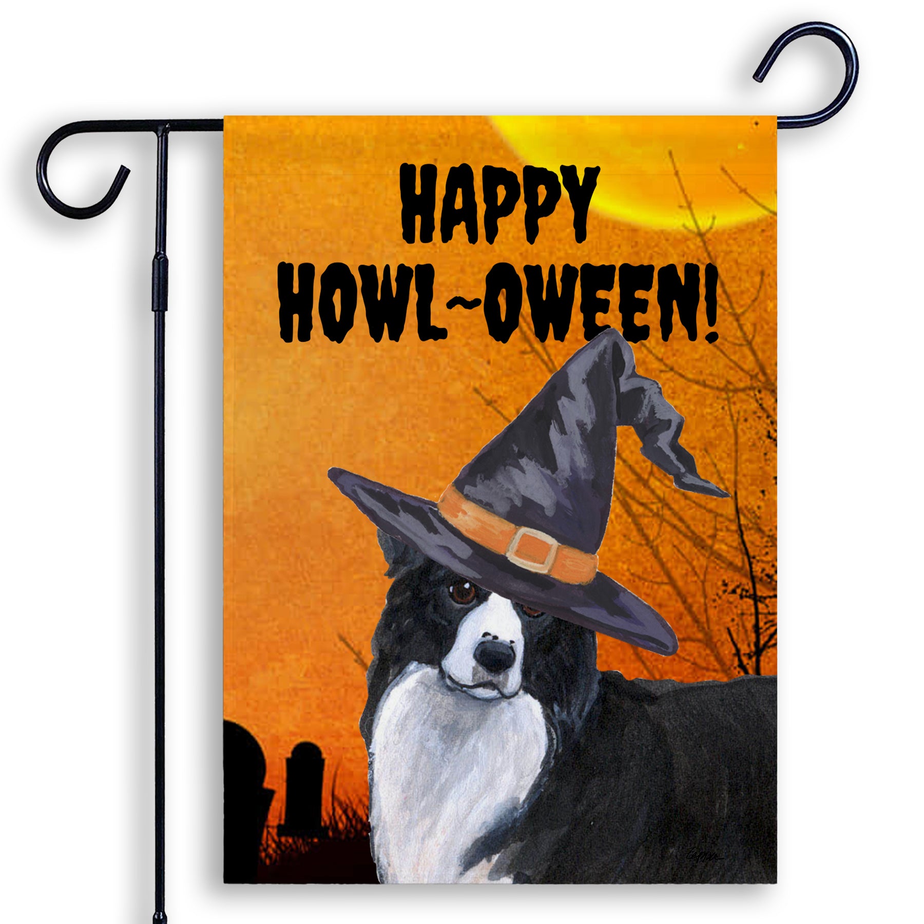 Halloween-themed garden flag with a Border Collie wearing a witch hat and 'Happy Howl-Oween!' text on an orange background.