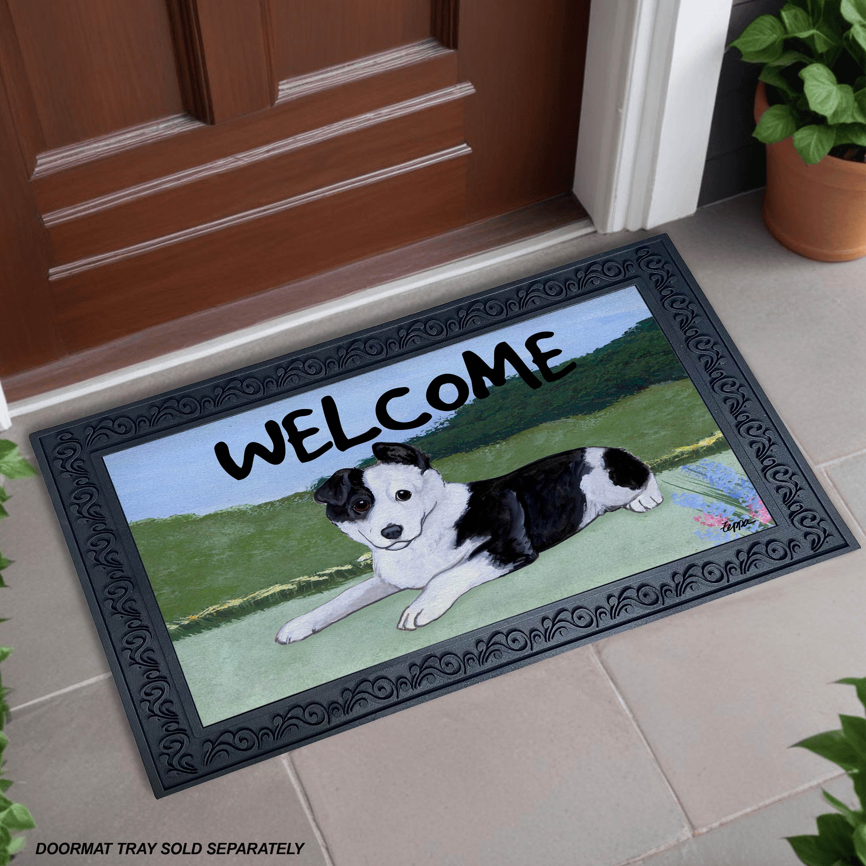 Border Collie Puppy Yard Scene Welcome Mat