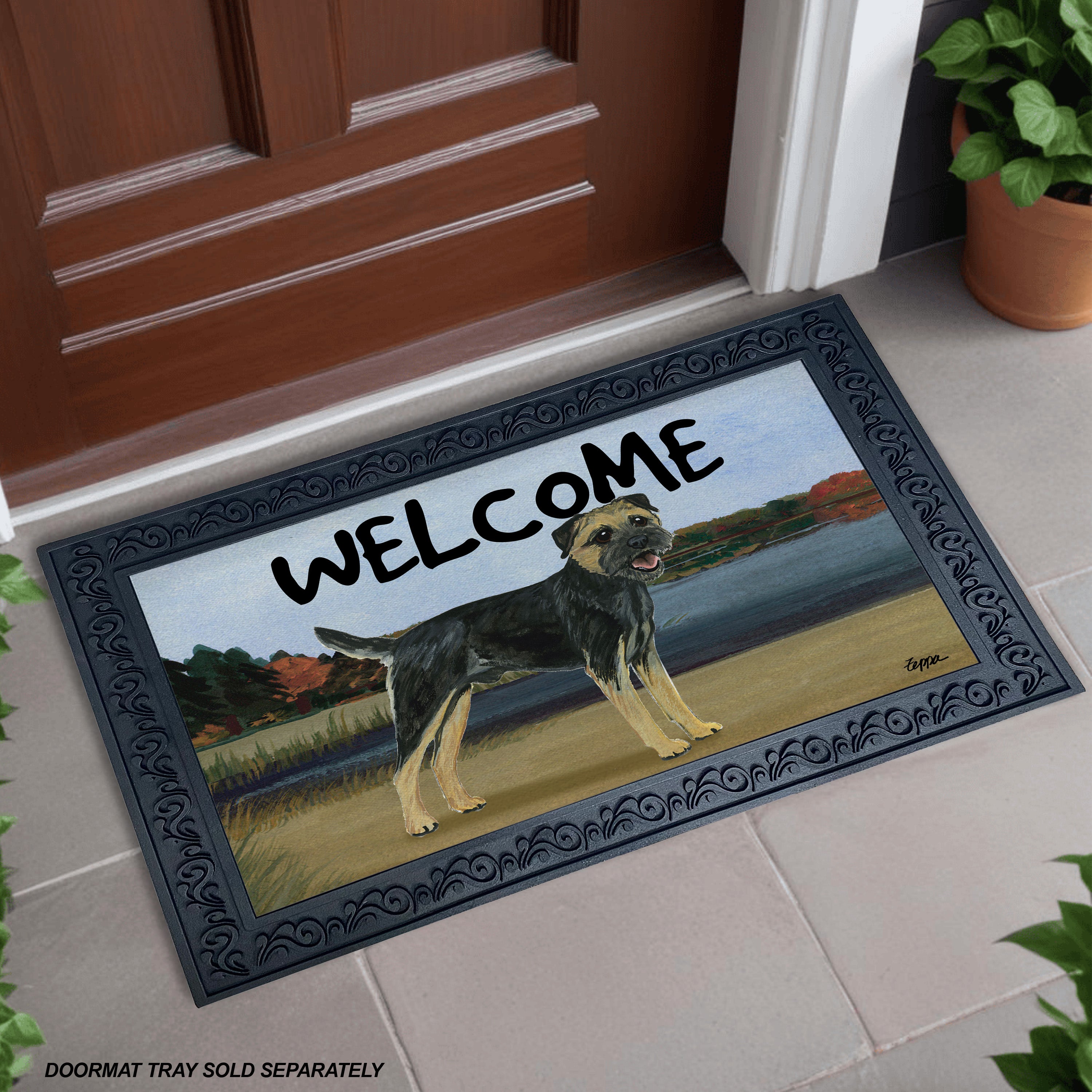 Black and Tan Border Terrier Lake Scene Welcome Mat