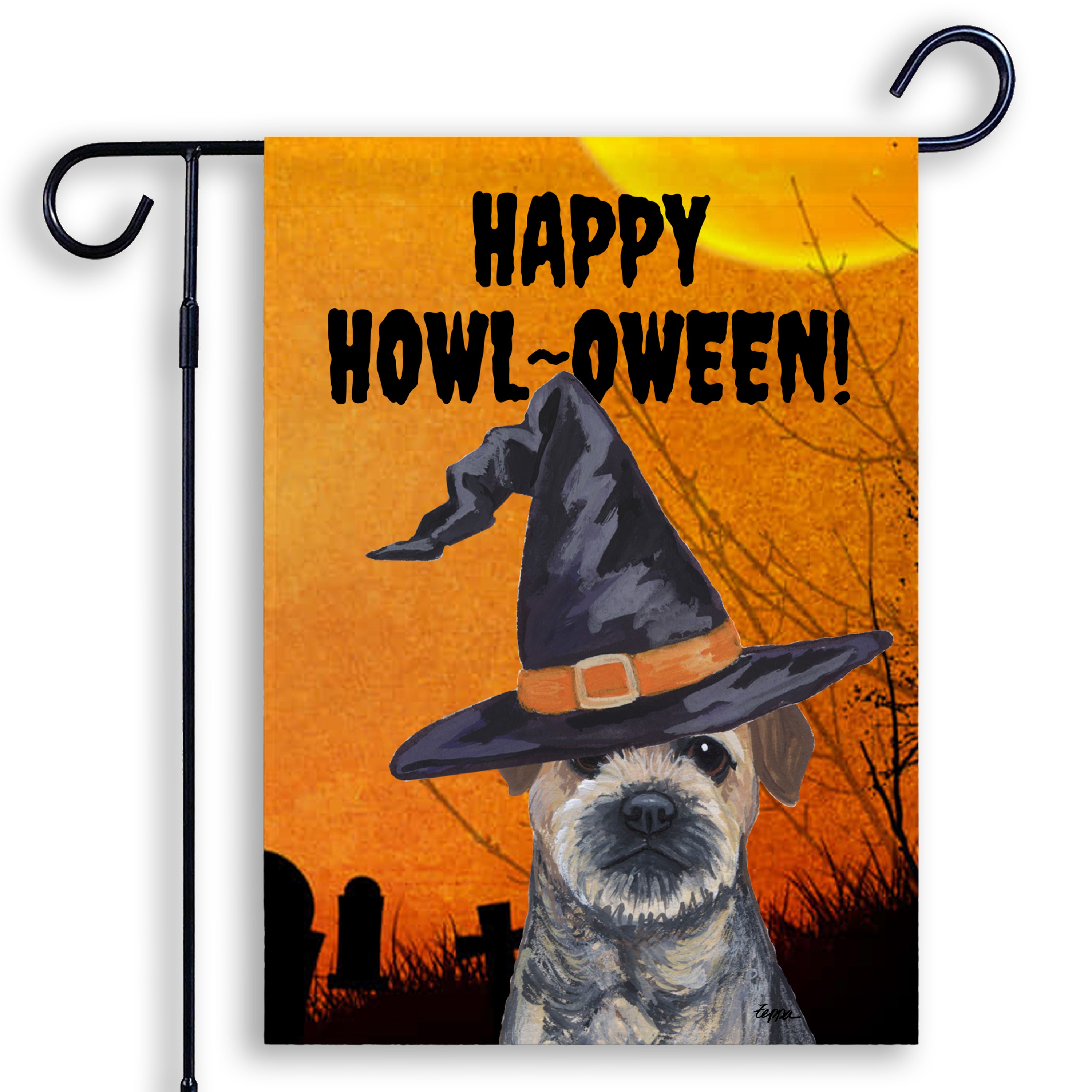 Halloween-themed garden flag with a Border Terrier wearing a witch hat and 'Happy Howl-Oween!' text on an orange background.
