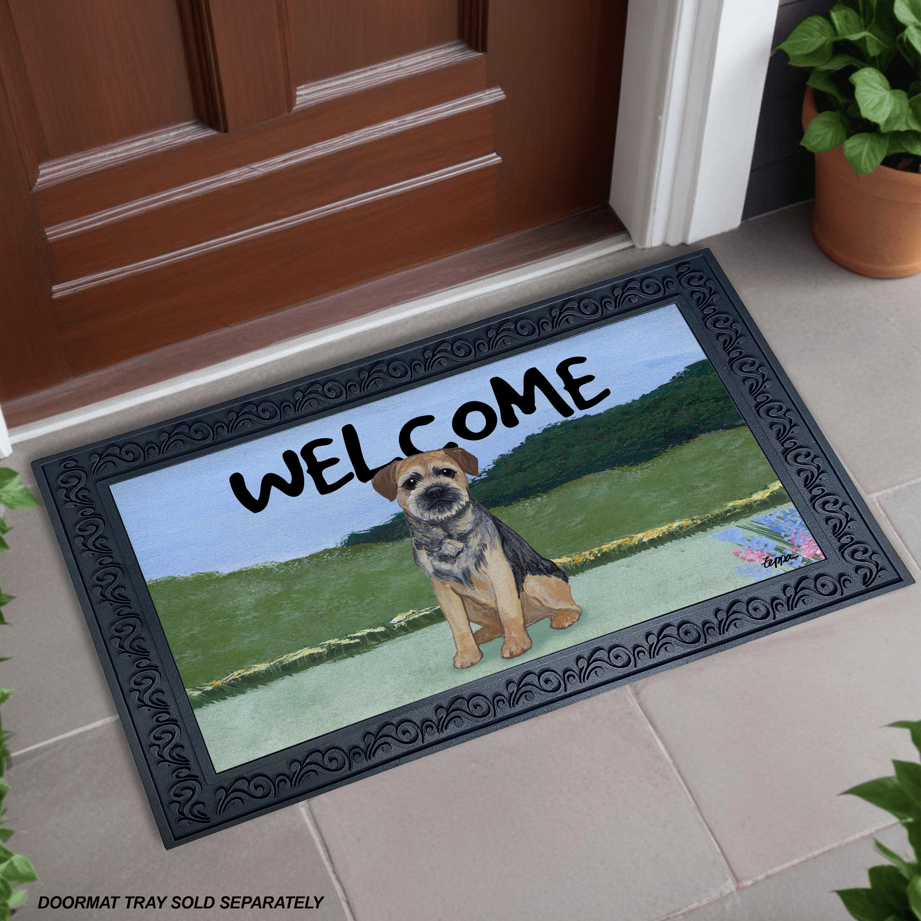 Border Terrier Yard Scene Welcome Mat