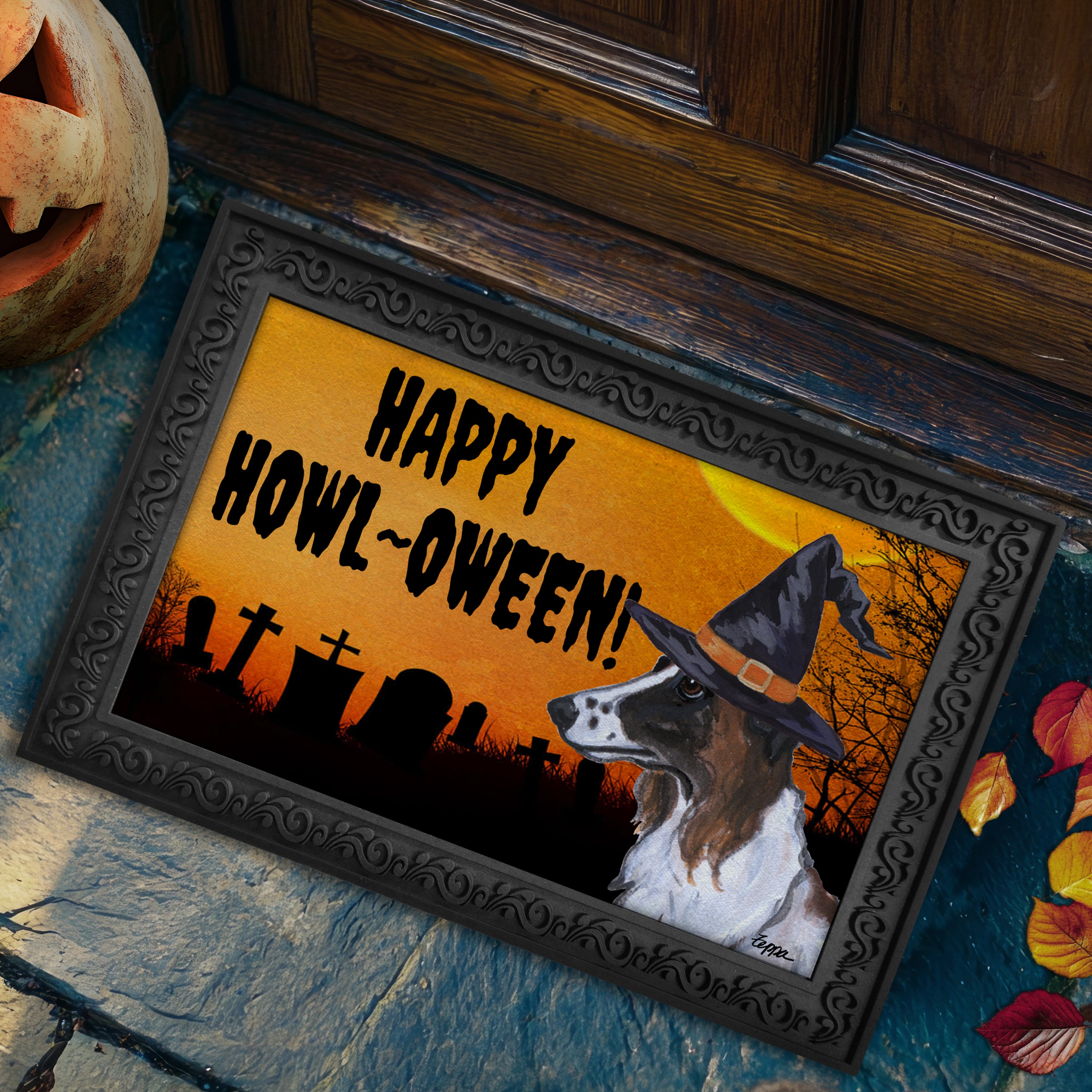 Halloween-themed doormat with a Borzoi wearing a witch hat and 'Happy Howl-Oween!' text on a doorstep.