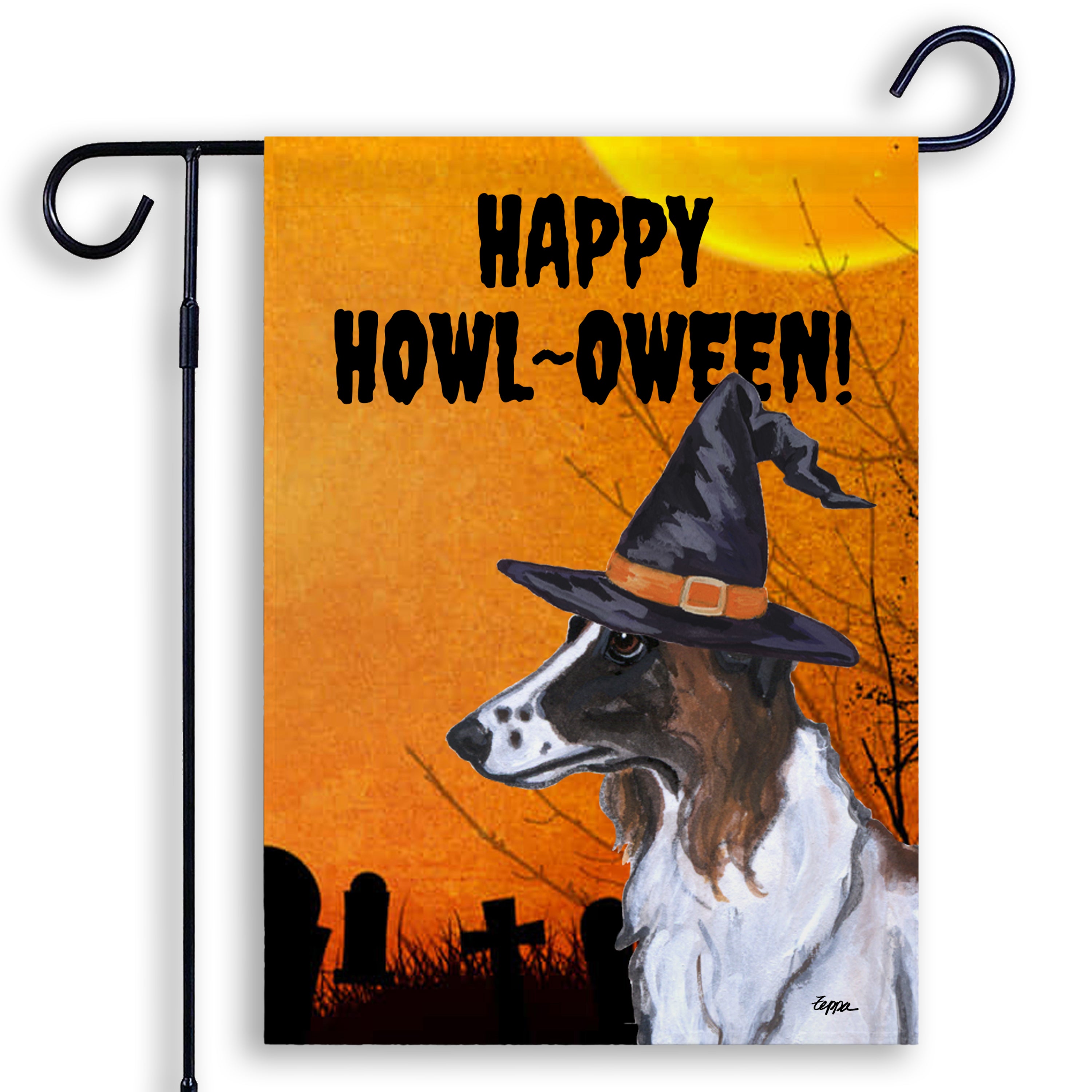 Halloween-themed garden flag with a Borzoi wearing a witch hat and 'Happy Howl-Oween!' text on an orange background.