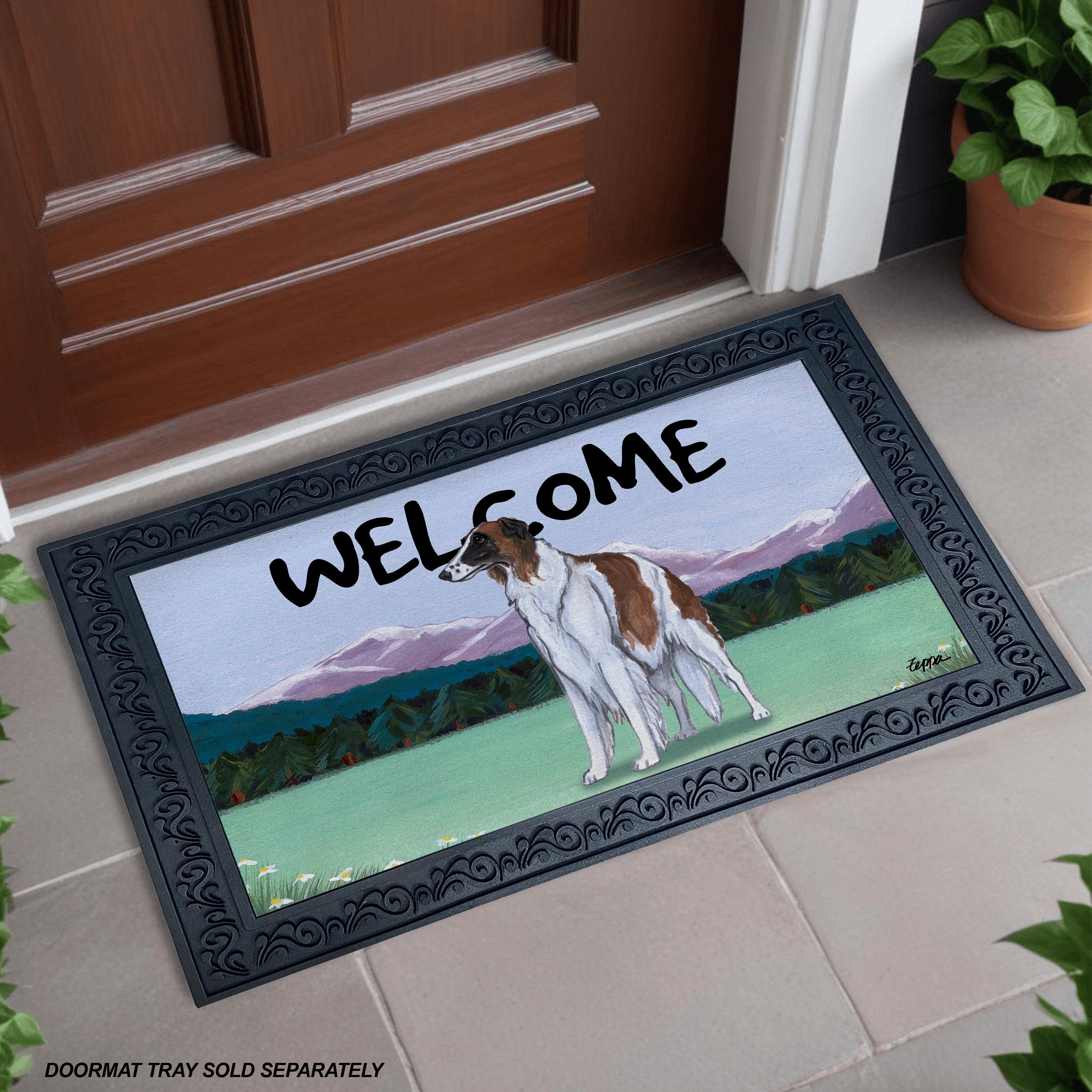 Borzoi Mountain Scene Welcome Mat