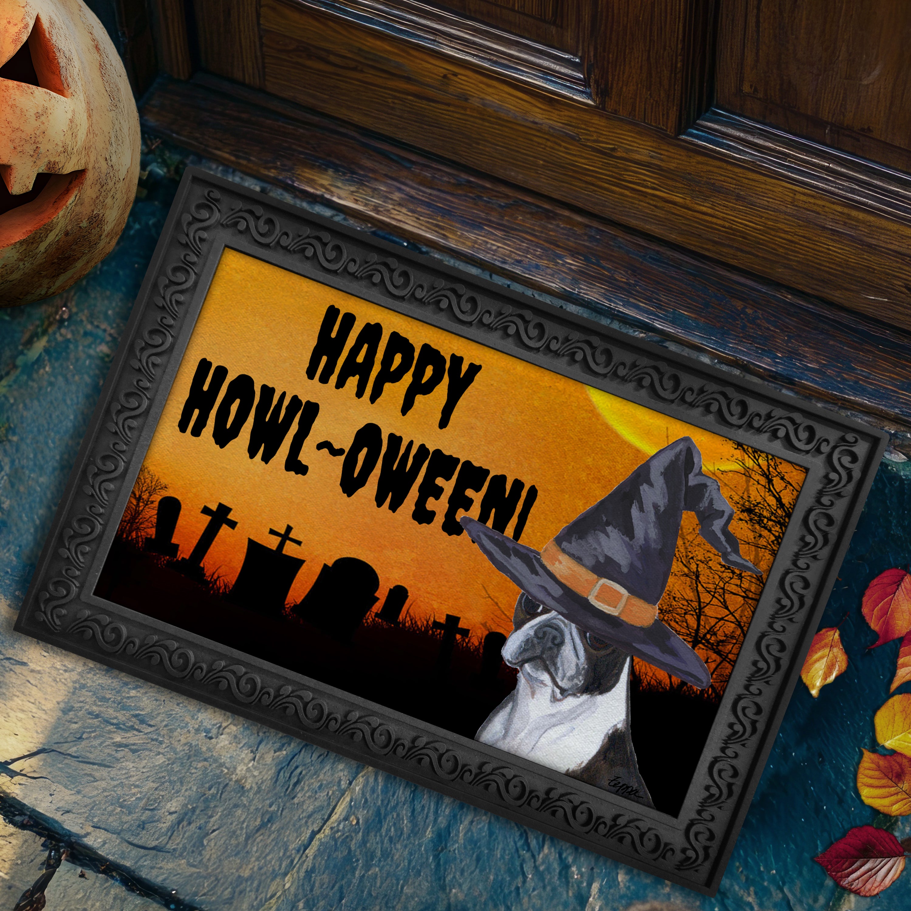 Halloween-themed doormat with a Boston Terrier wearing a witch hat and 'Happy Howl-Oween!' text on a doorstep.