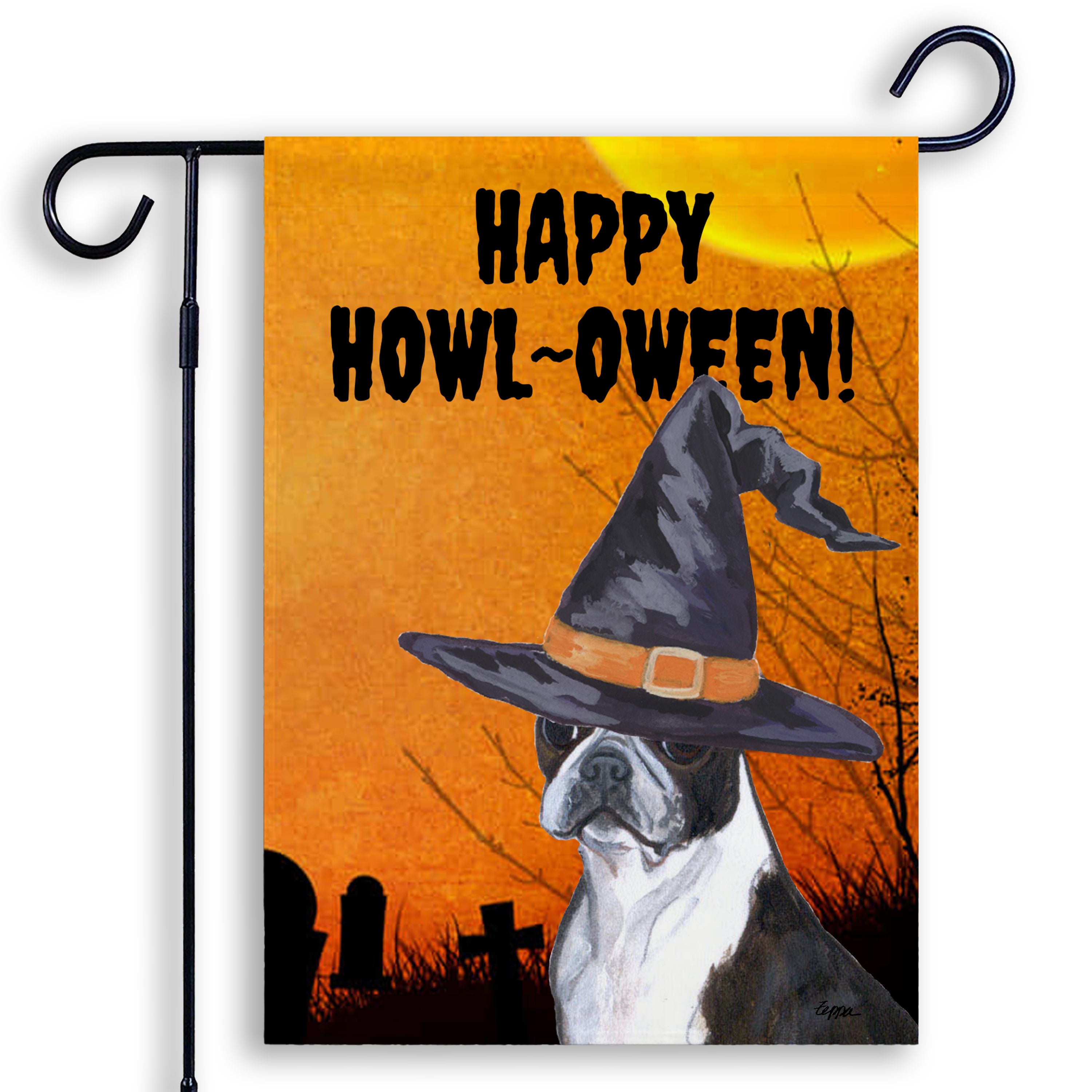 Halloween-themed garden flag with a Boston Terrier wearing a witch hat and 'Happy Howl-Oween!' text on an orange background.