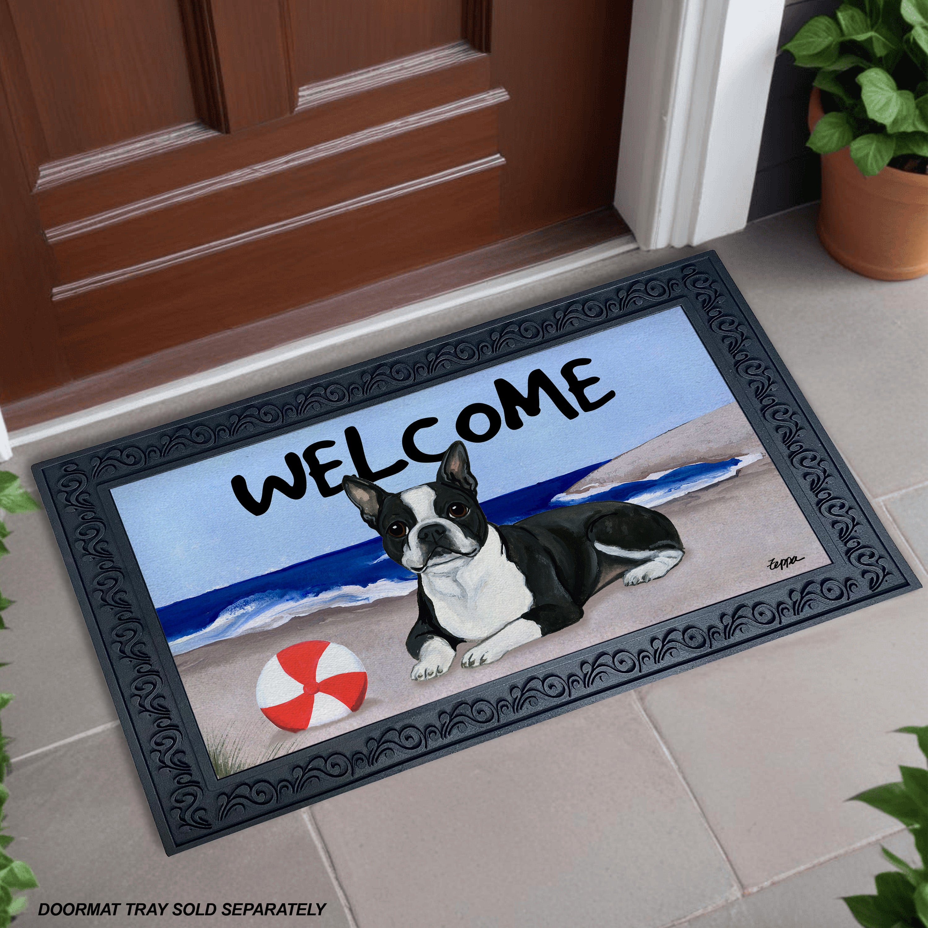 Lying Down Boston Terrier Beach Scene Welcome Mat