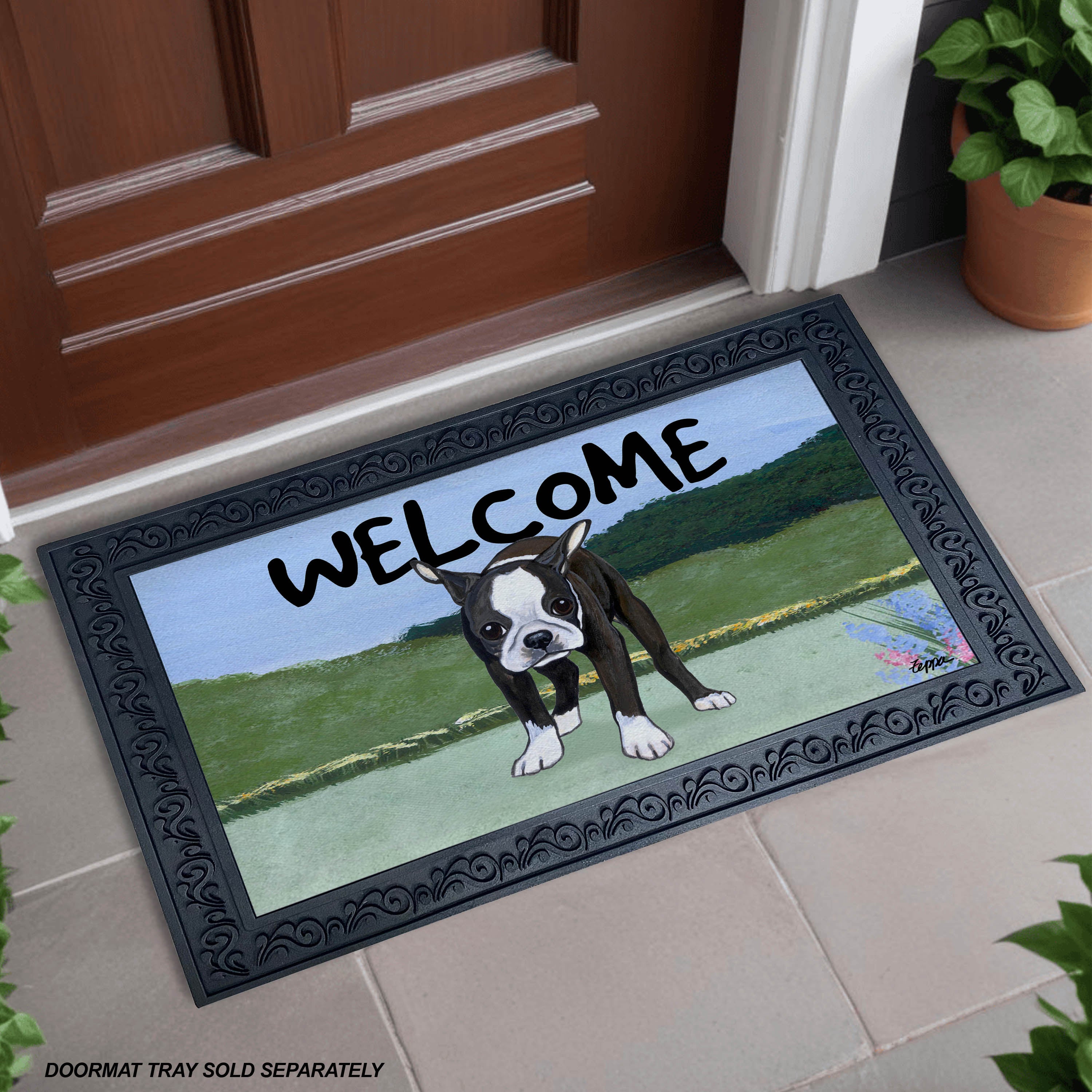 Boston Terrier Puppy Yard Scene Welcome Mat