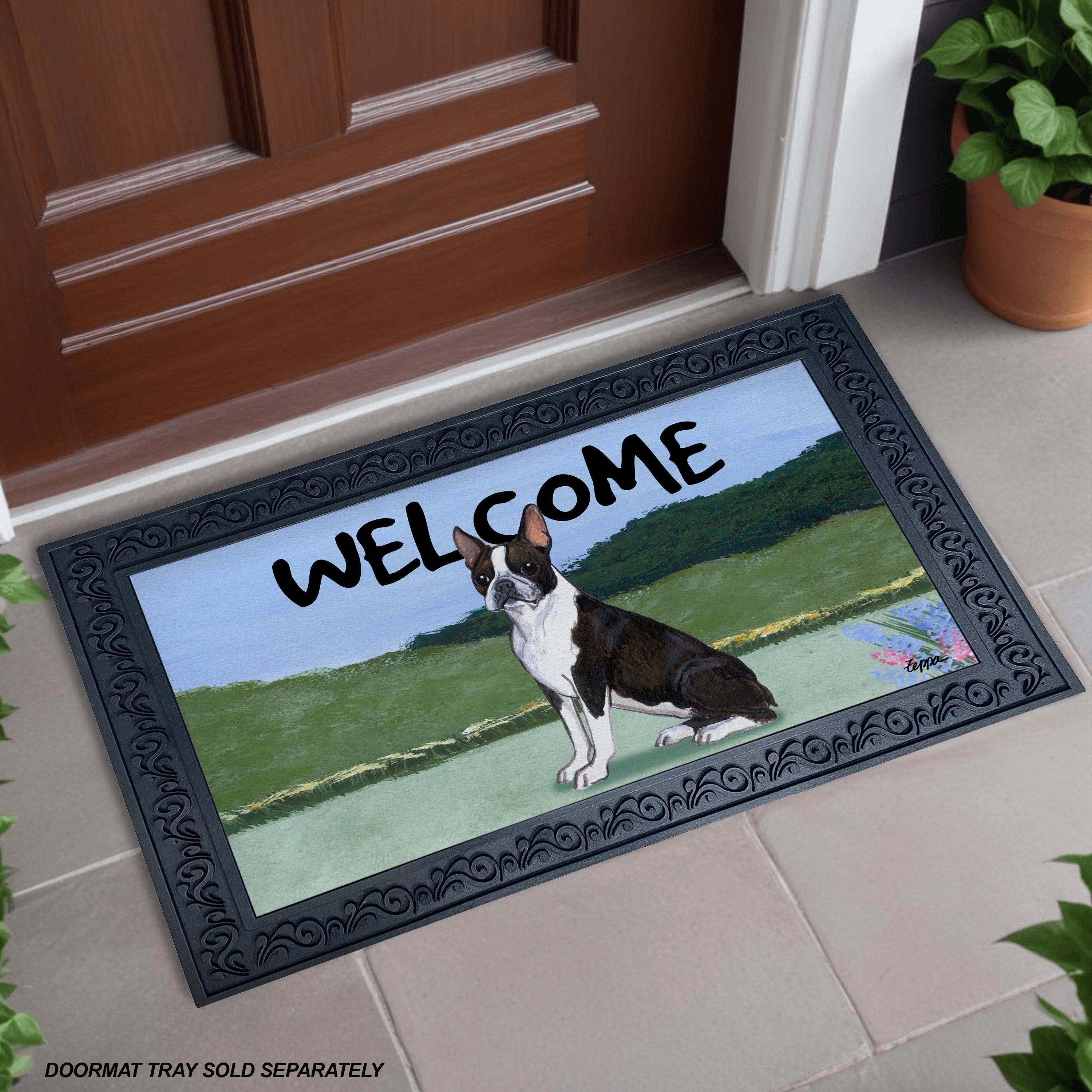 Boston Terrier Yard Scene Welcome Mat